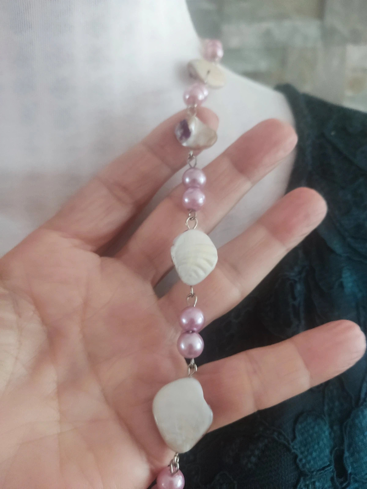 🔥Collar corto con conchas símil nacar y perlitas rosa 3