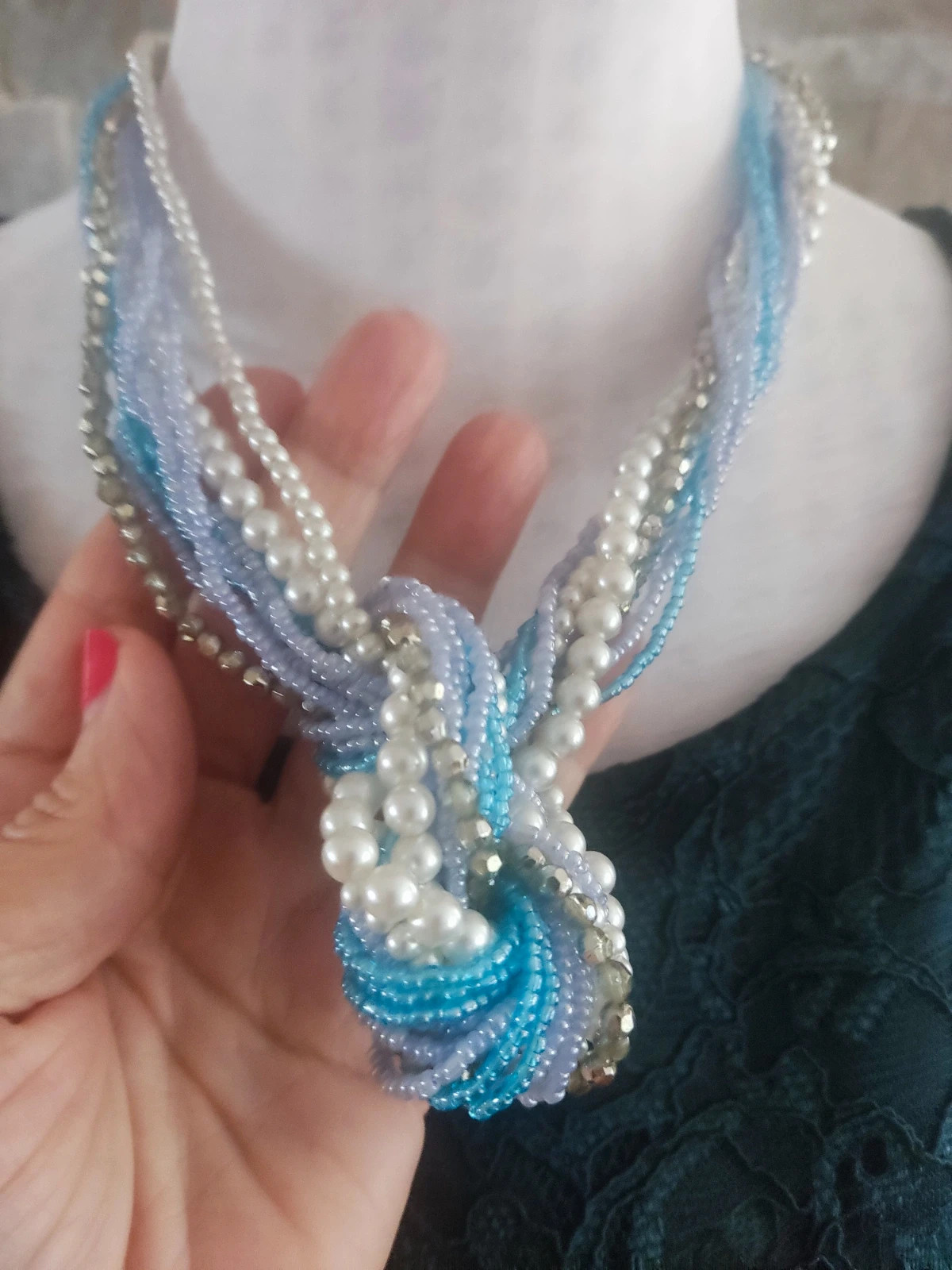 🔥 Collar con varias vueltas de perlas y abalorios plateados,azul y lila 2