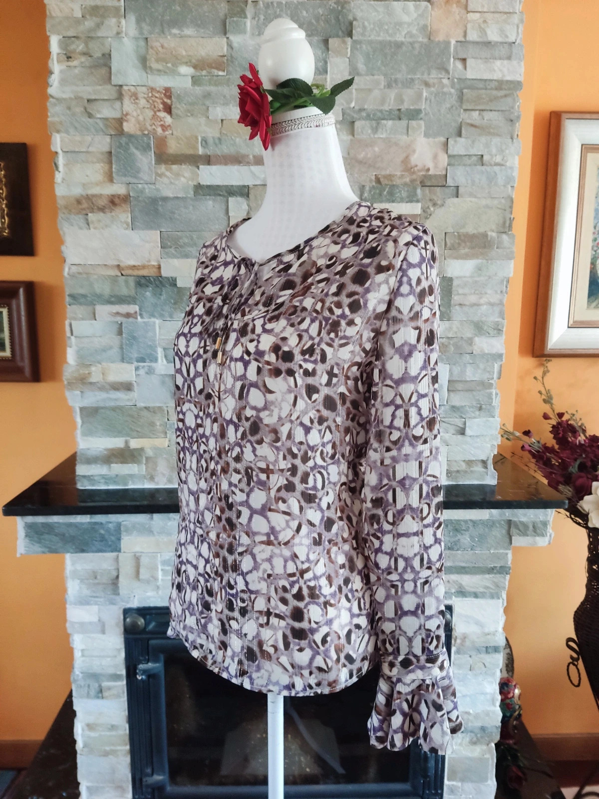 🔥 Blusa de gasa en tonos beige, malva y marrón con hilos dorados, de Yera – Yera – taille XXL / 44 / 16 2