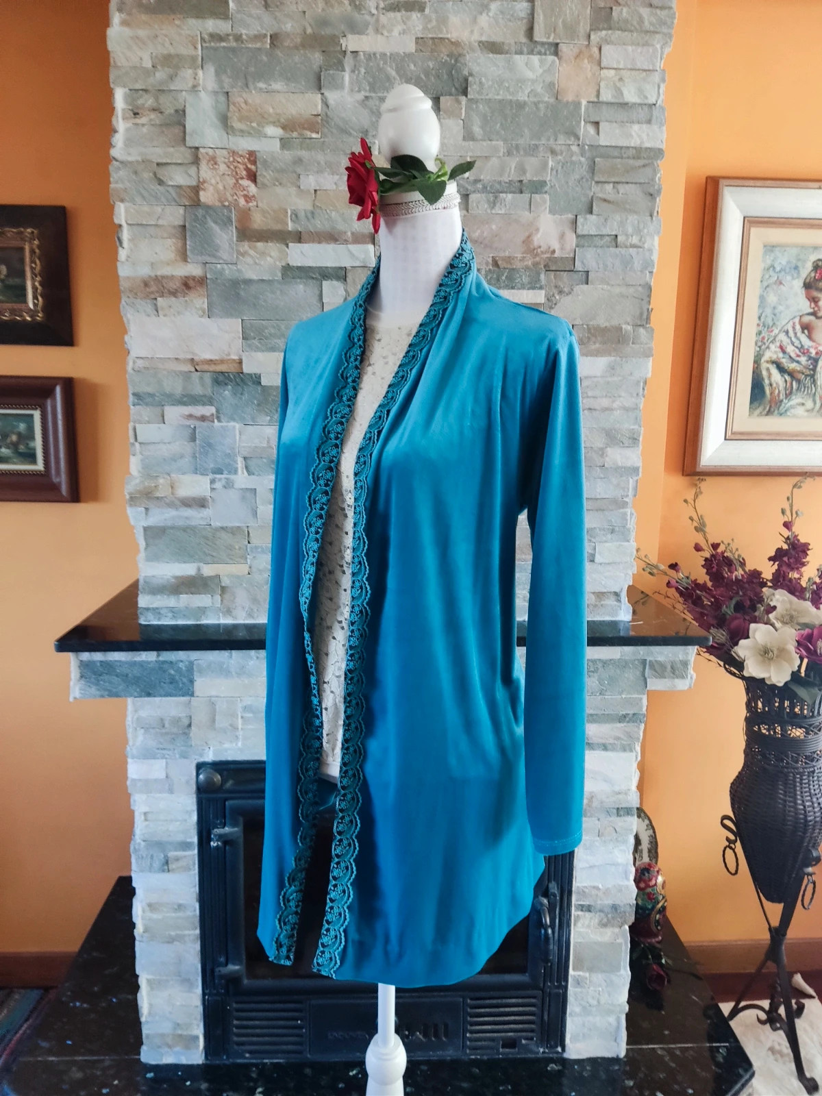 🔥 Chaqueta de terciopelo azul con pasamanería bordada marrón y azul – Made In Italy – taille 4XL / 48 / 20 2