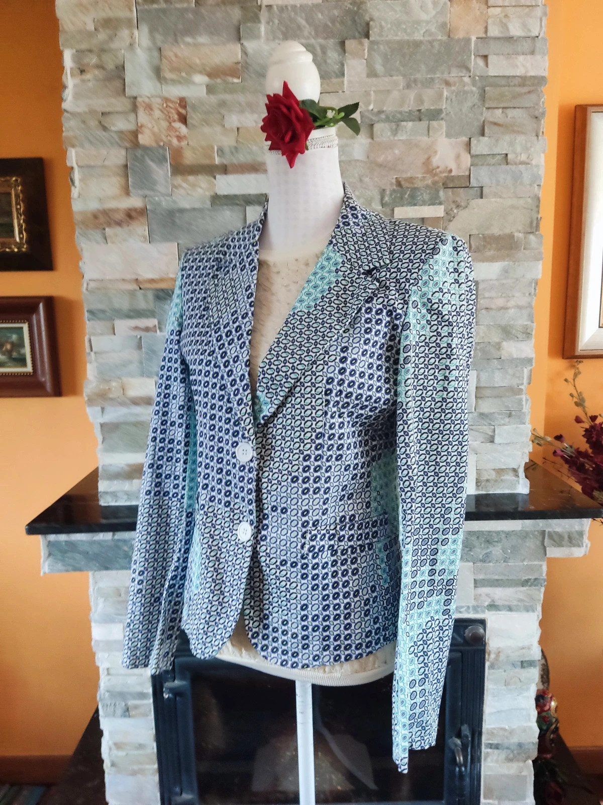 🔥 Blazer con estampado geométrico tonos blanco, verde y azul – Amor de Cuba – taille L / 40 / 12 2