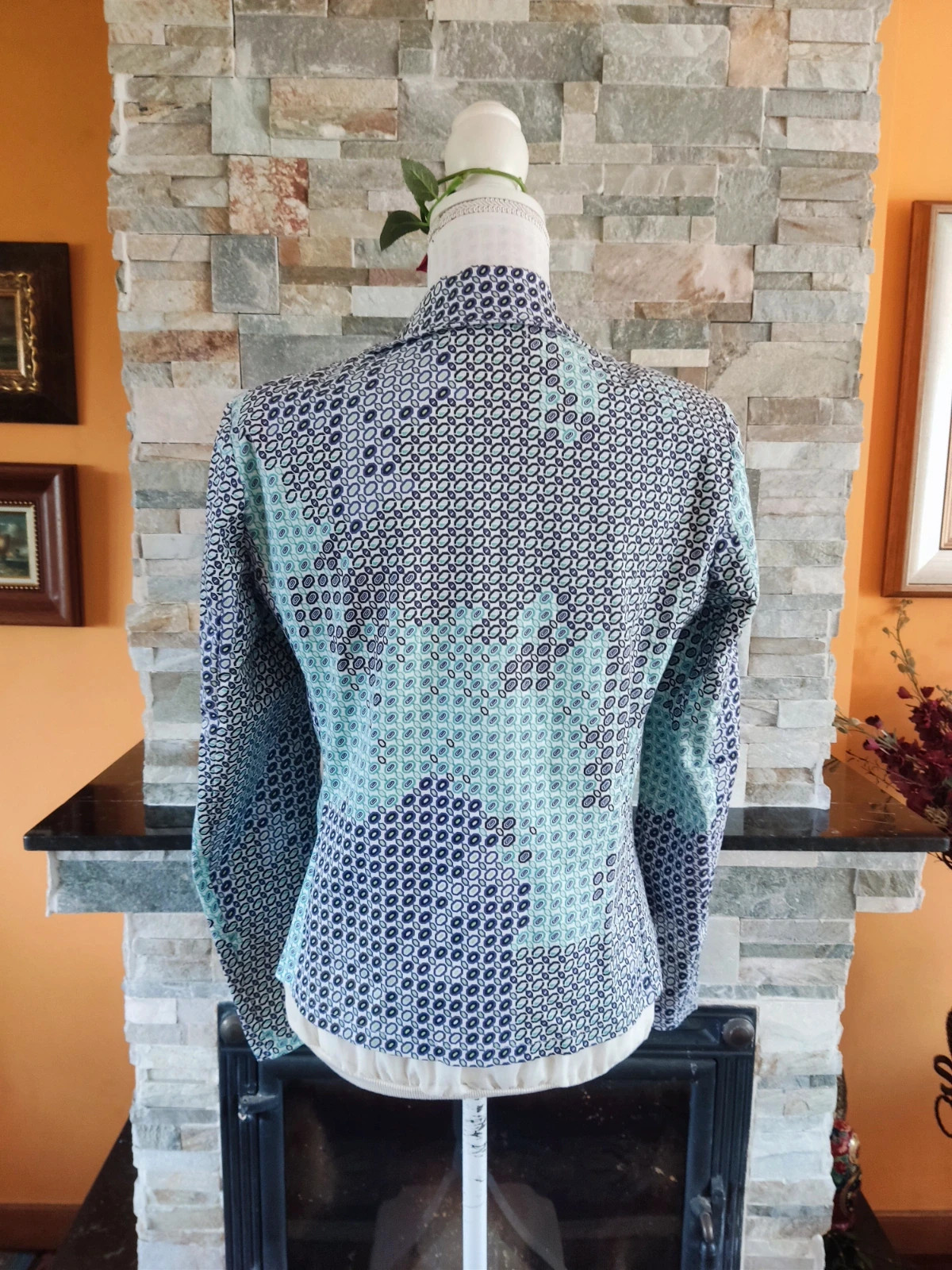 🔥 Blazer con estampado geométrico tonos blanco, verde y azul – Amor de Cuba – taille L / 40 / 12 4