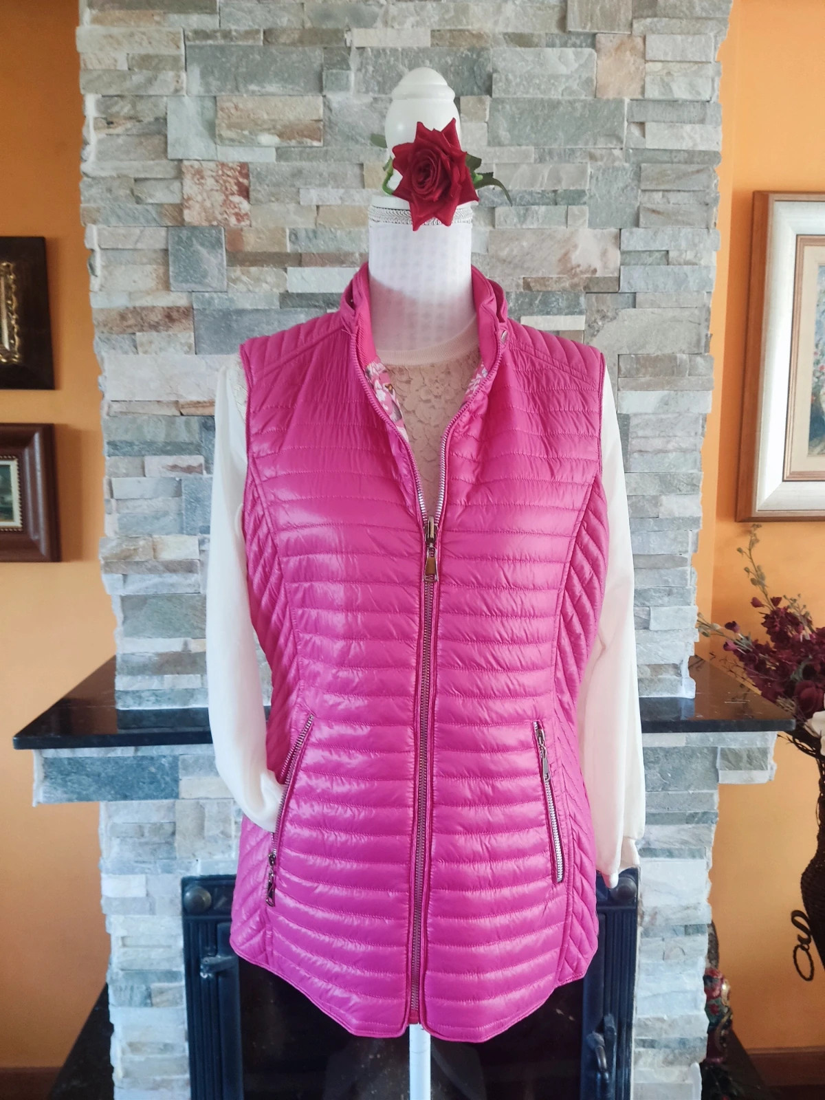 🔥 Chaleco reversible fucsia y estampado floral – Wen Ni – taille XL / 42 / 14 3