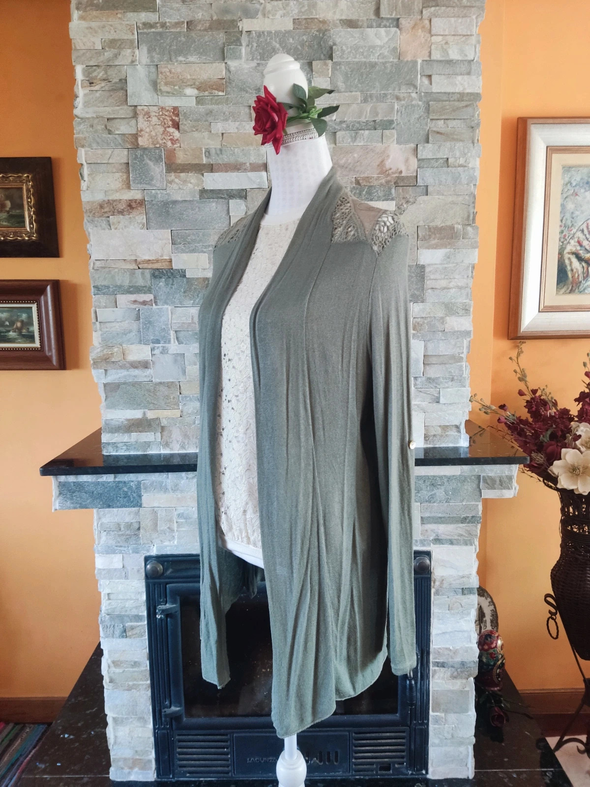 🔥 Rebeca larga de punto fino tono caquicon detalle de blonda en espalda – taille XL / 42 / 14 4
