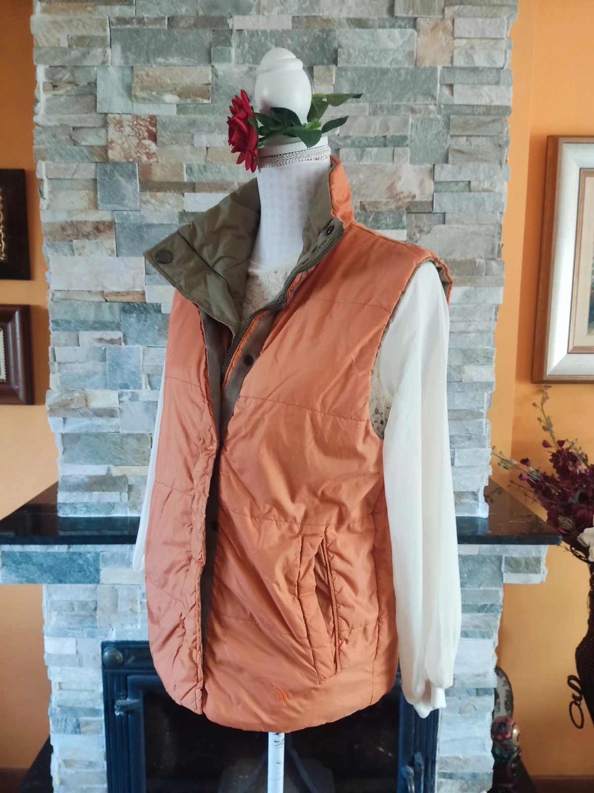🔥 Cómodo chaleco acolchado naranja y caqui reversible – Inditex – taille XL / 42 / 14 2