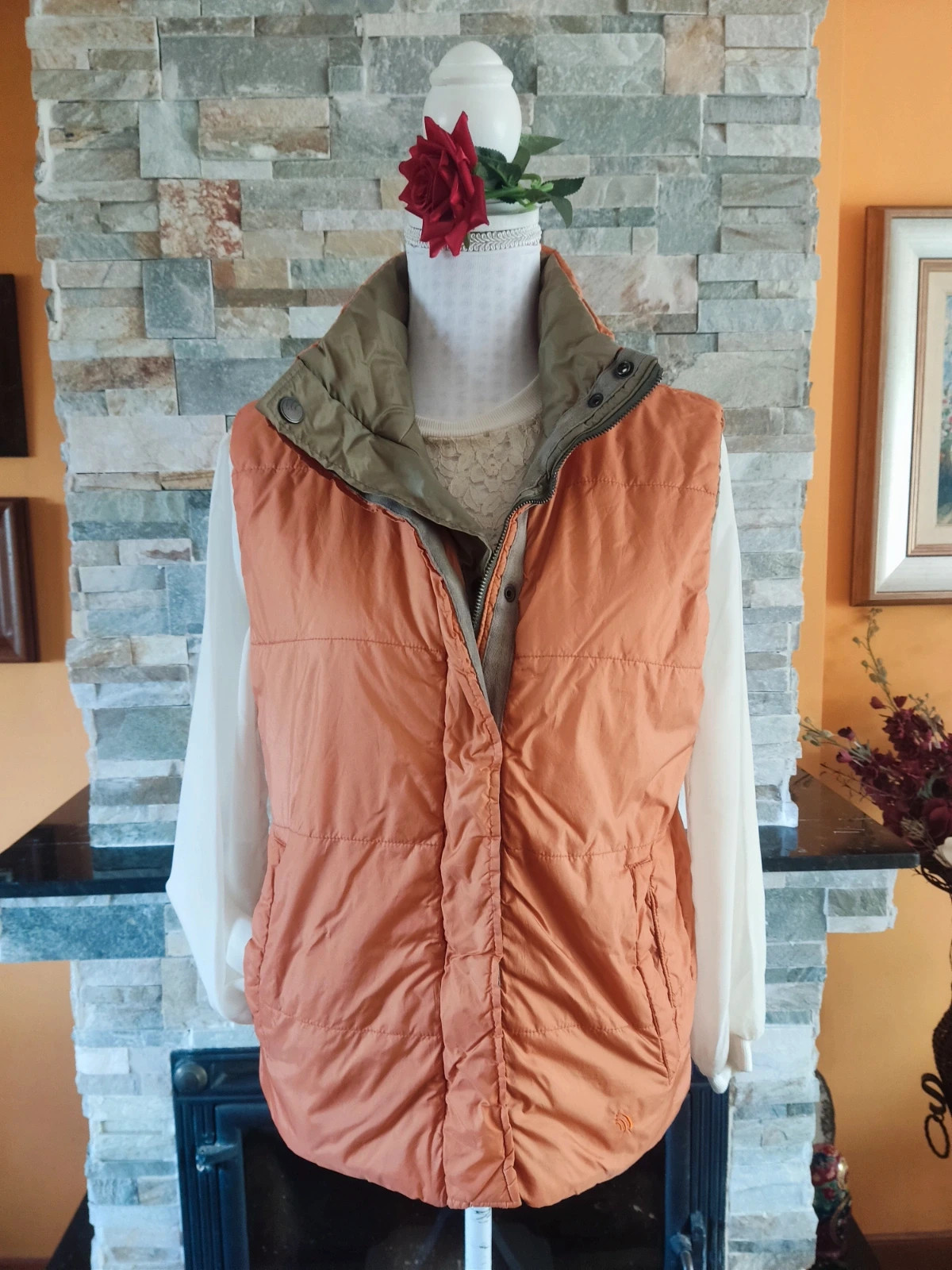 🔥 Cómodo chaleco acolchado naranja y caqui reversible – Inditex – taille XL / 42 / 14 3