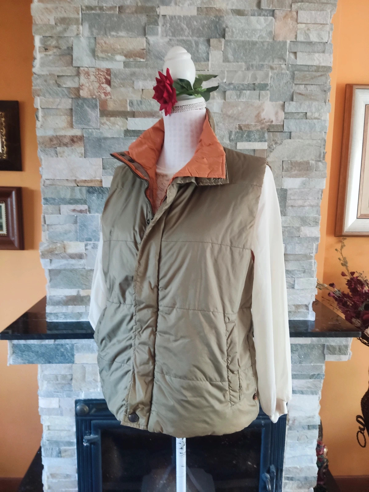 🔥 Cómodo chaleco acolchado naranja y caqui reversible – Inditex – taille XL / 42 / 14 5