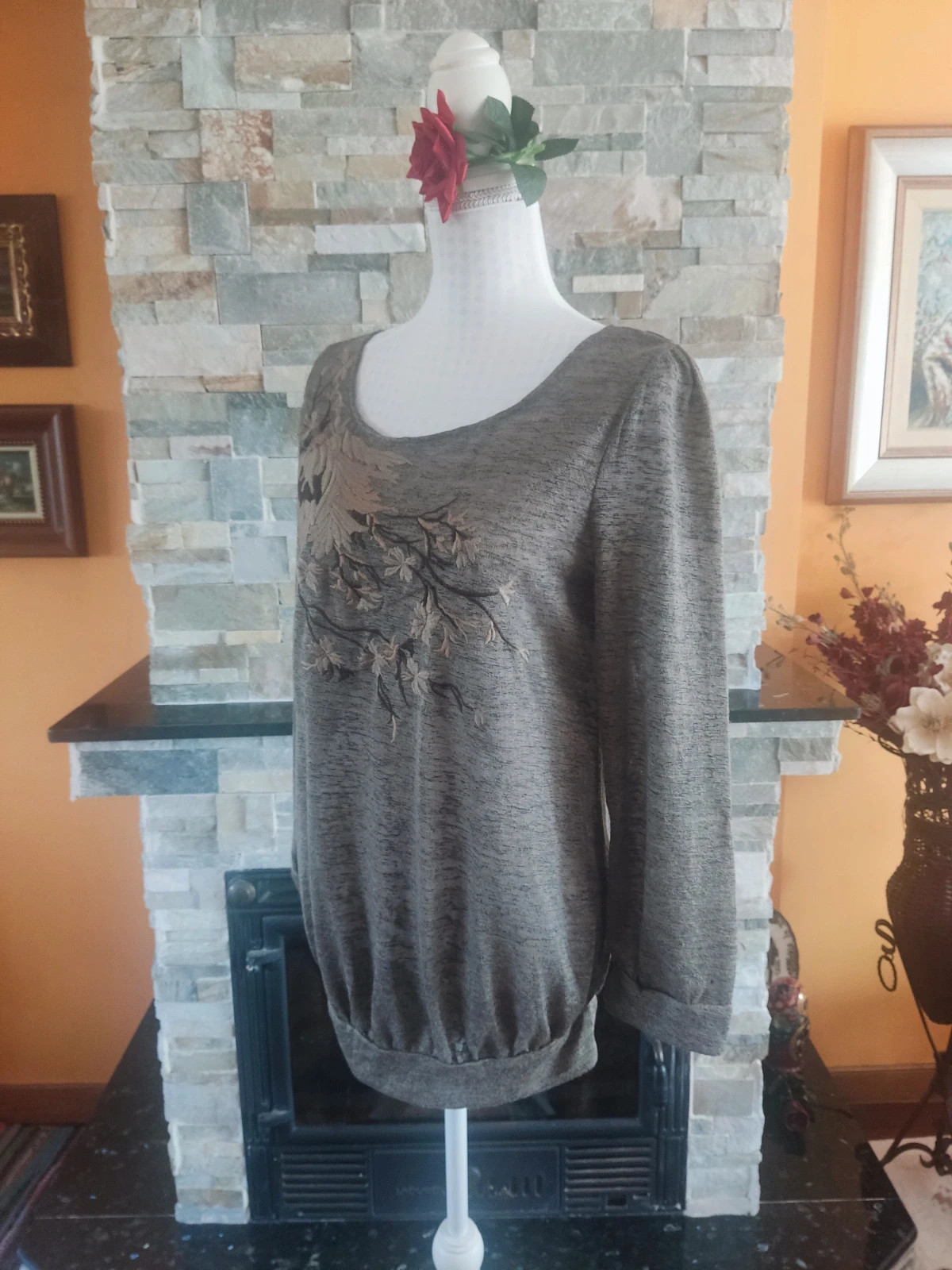 🔥Original camiseta en tonos marrón con jaspeado y bonito borrado floral en el frente – Dolce Vita – taille XL / 42 / 14 3