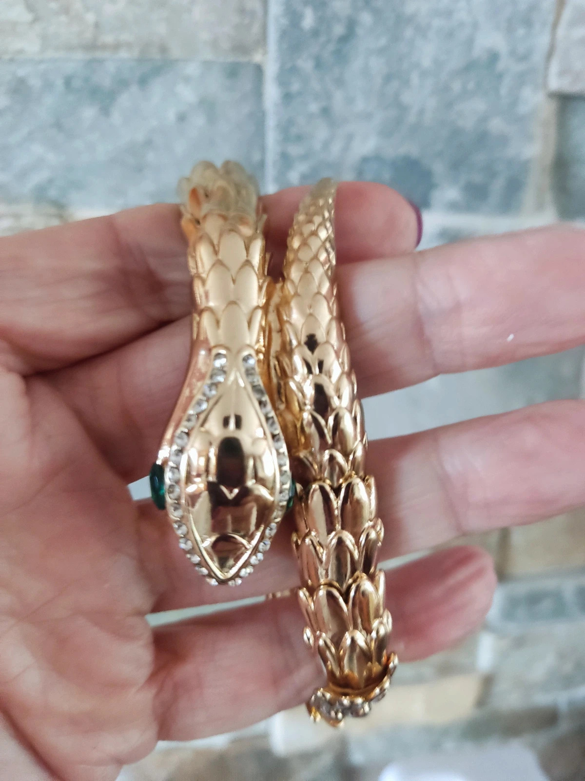 🔥Bonita Pulsera en forma de serpiente con brillantes y ojos verdes en cabeza 4