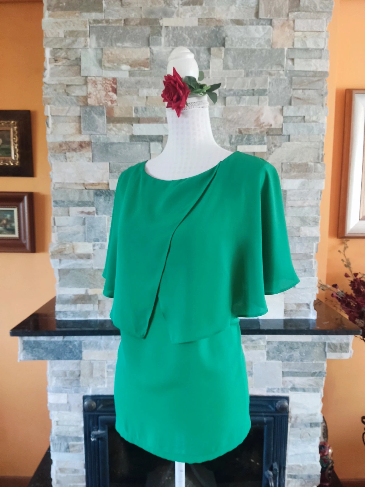 🔥 Bonita blusa verde de gasa con original capa que se cruza delante – Merletti – taille XXXL / 46 / 18 5