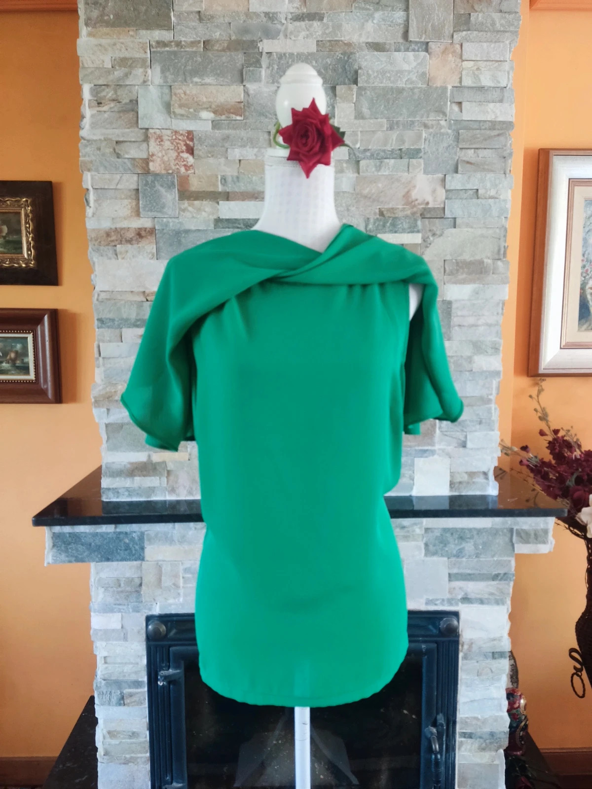 🔥 Bonita blusa verde de gasa con original capa que se cruza delante – Merletti – taille XXXL / 46 / 18 4