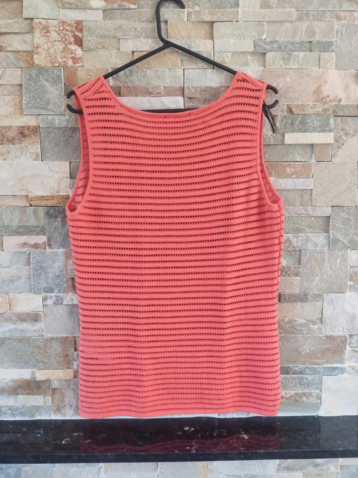 🔥Bonita Camiseta punto calado tono coral con brillos, de Morgan – Morgan – taille L / 40 / 12 4