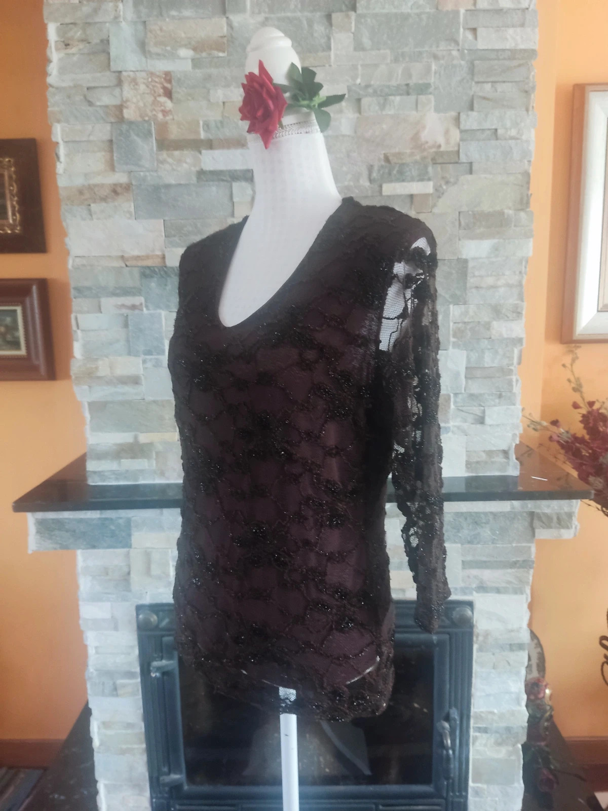 🔥Blusa de blonda marrón con bordados con brillos – taille L / 40 / 12 3