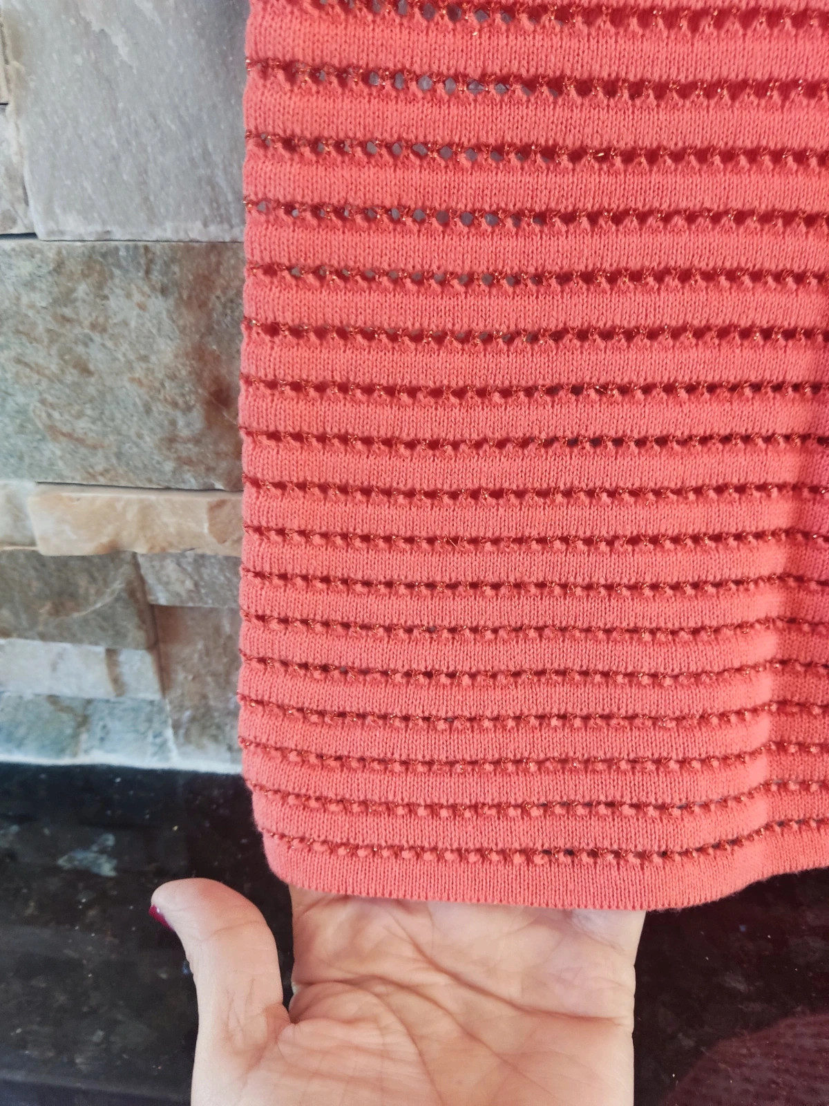 🔥Bonita Camiseta punto calado tono coral con brillos, de Morgan – Morgan – taille L / 40 / 12 3