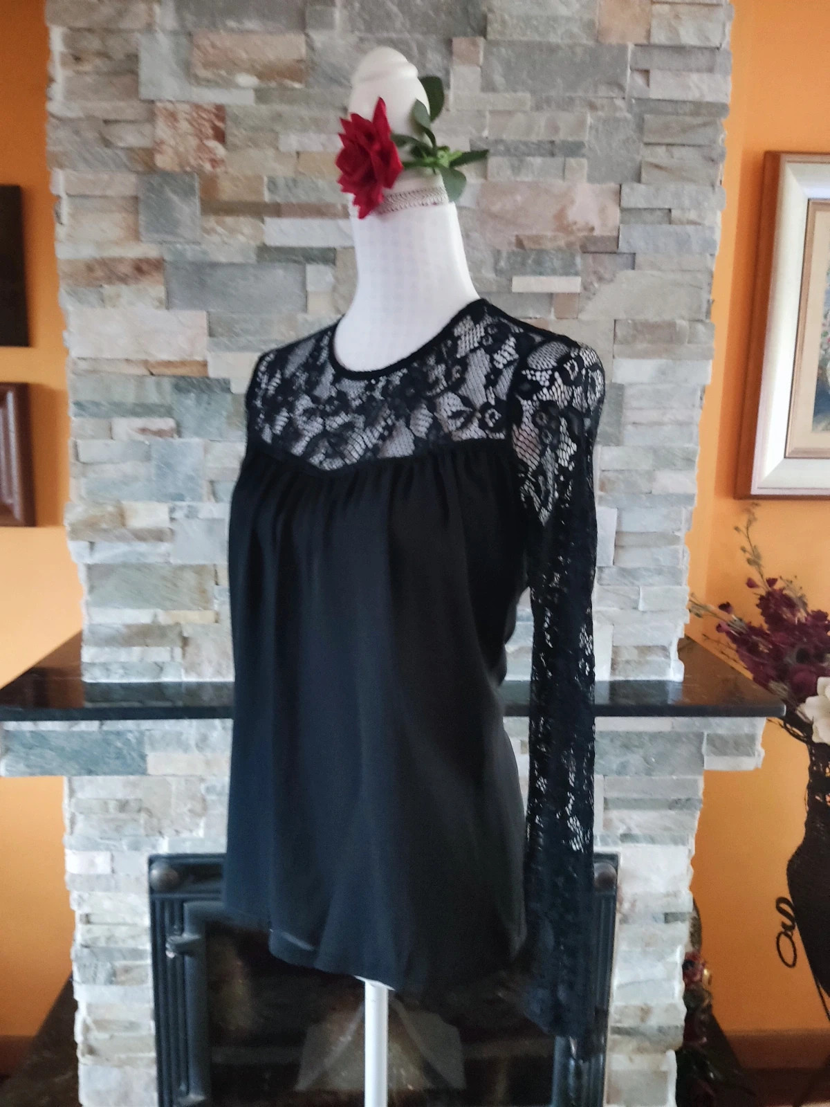 🔥Blusa negra con mangas y escote de blonda – JustFab – taille XXL / 44 / 16 2