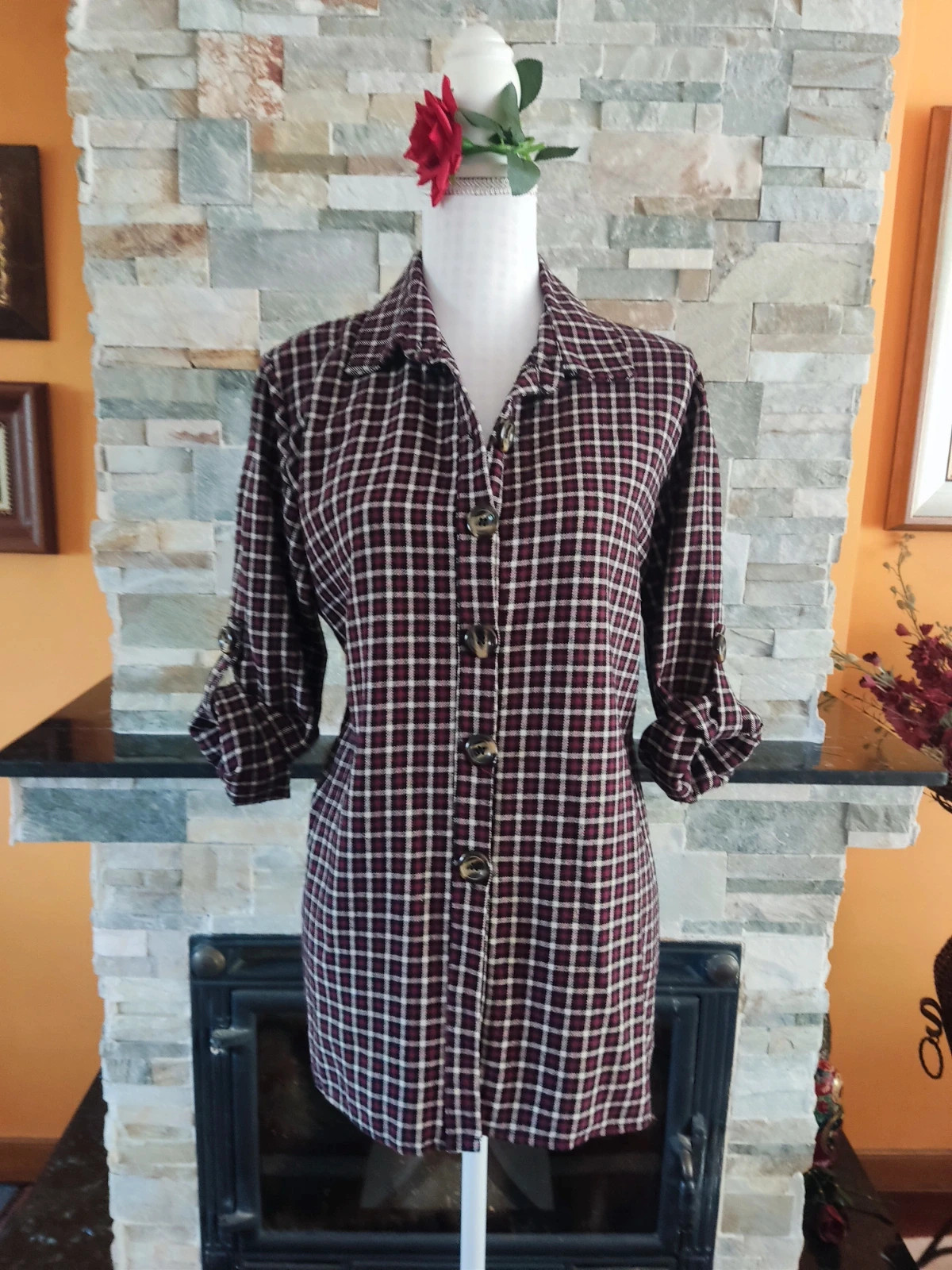 🔥Camisa de cuadros granates, negros y blancos – Vintage – taille XXL / 44 / 16 2