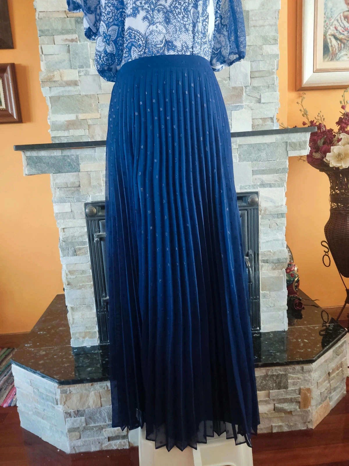 🔥 Elegante falda larga plisada azul marino con círculos brillantes – Mint & Berry – taille M / 38 / 10 3