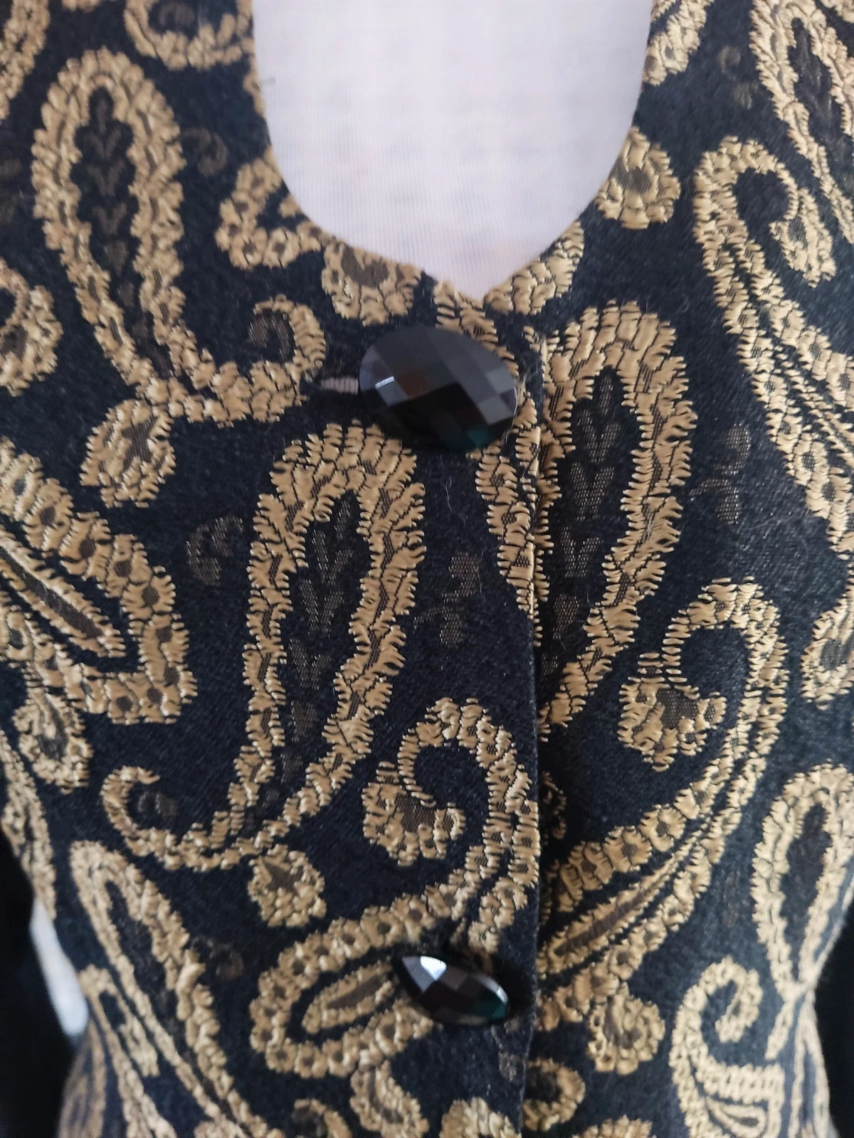 🔥Blusa vintage de tela negra ligera con estampado cachemir dorado – Expressions – taille L / 40 / 12 5