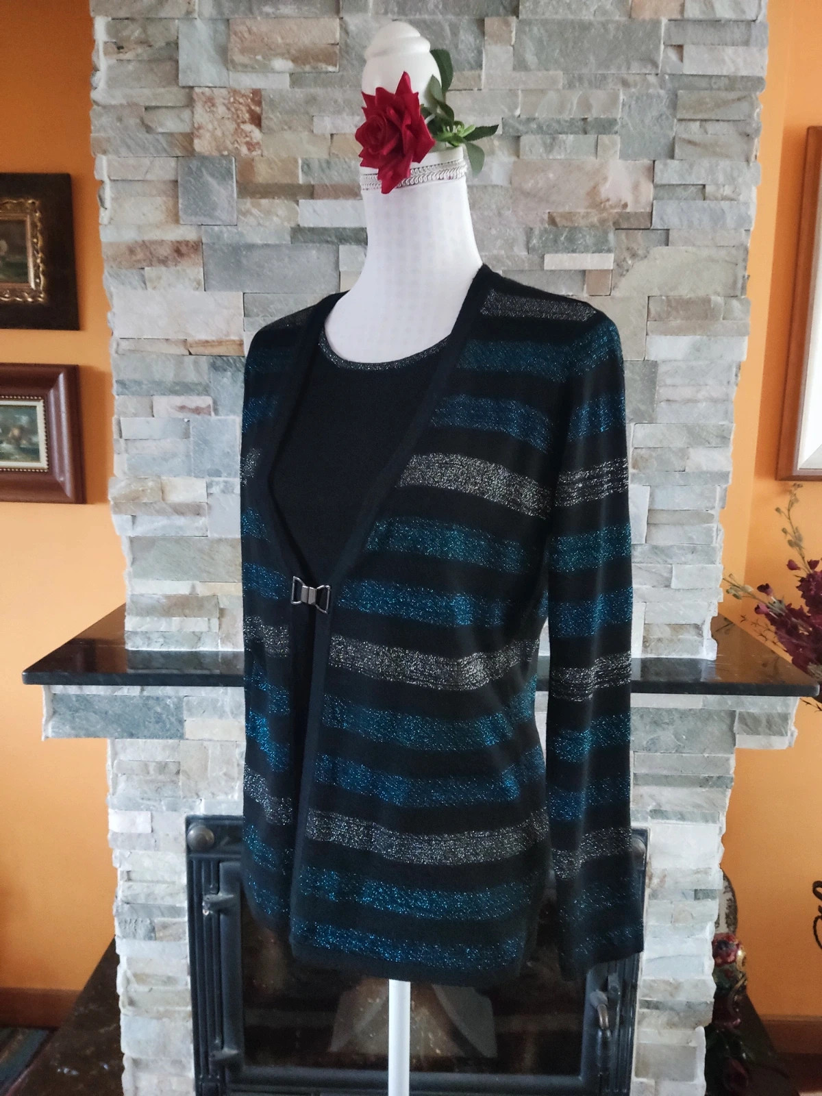 🔥 Jersey negro con franjas azul y plata con brillos, efecto twin set – C&A – taille L / 40 / 12 2