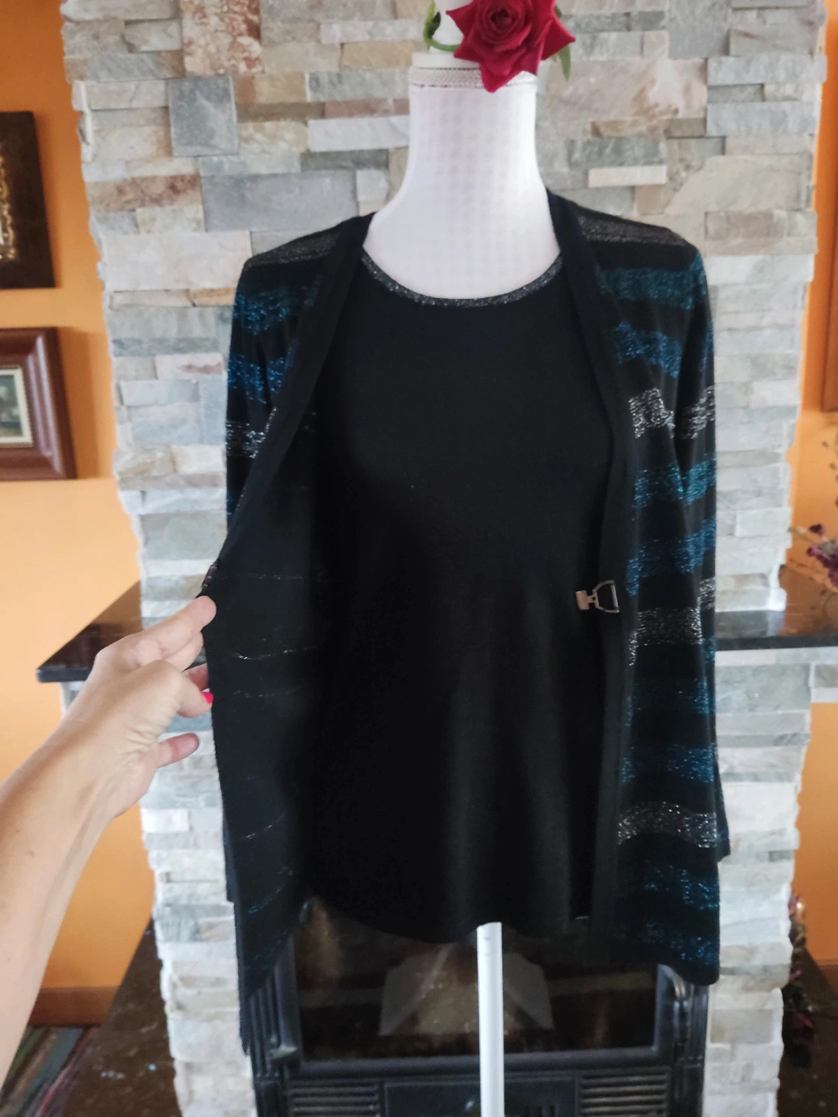 🔥 Jersey negro con franjas azul y plata con brillos, efecto twin set – C&A – taille L / 40 / 12 3