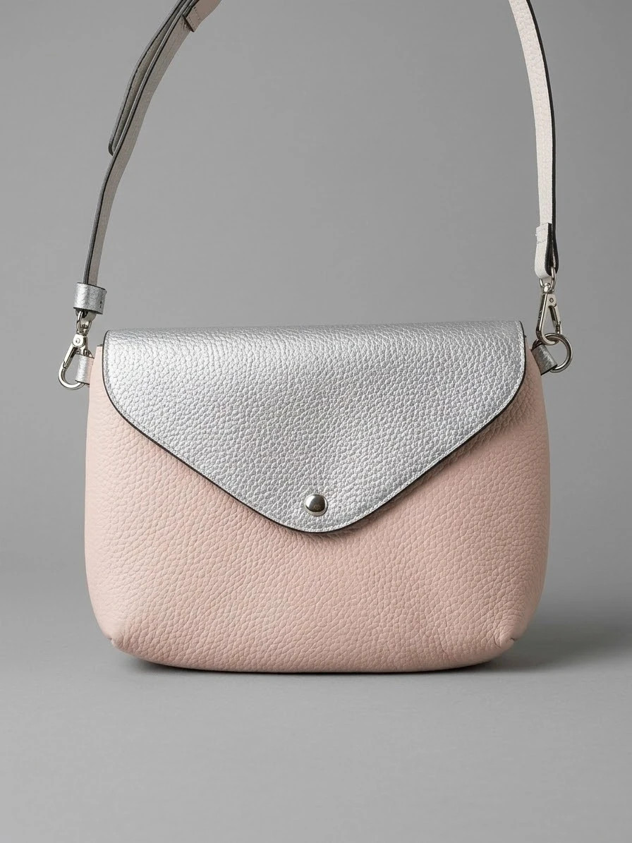 Bolso bandolera parfois rosa empolvado y solapa plateada