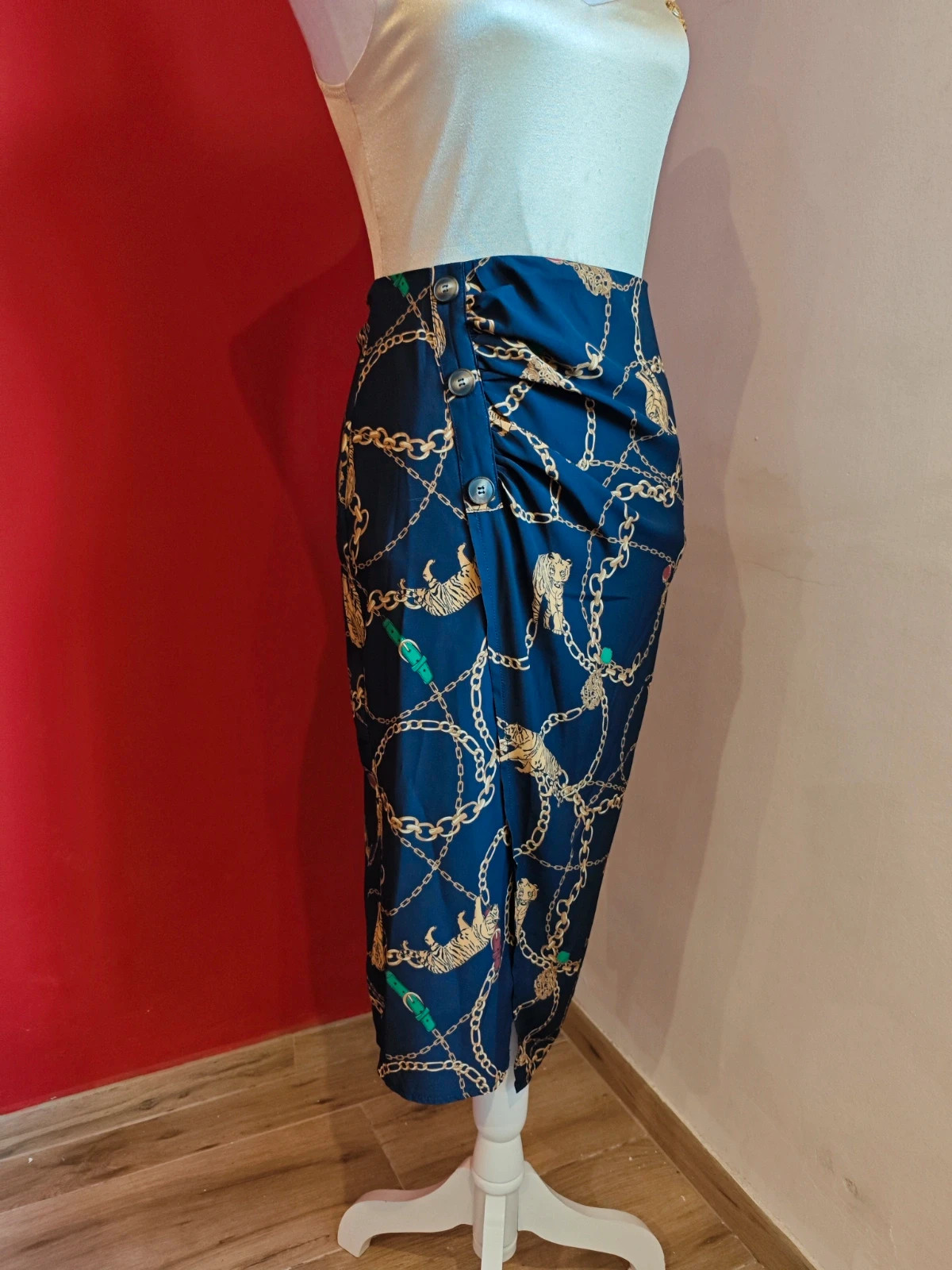 🌺 Falda azul marino con estampado dorado y fruncida en cintura – taille L / 40 / 12 3