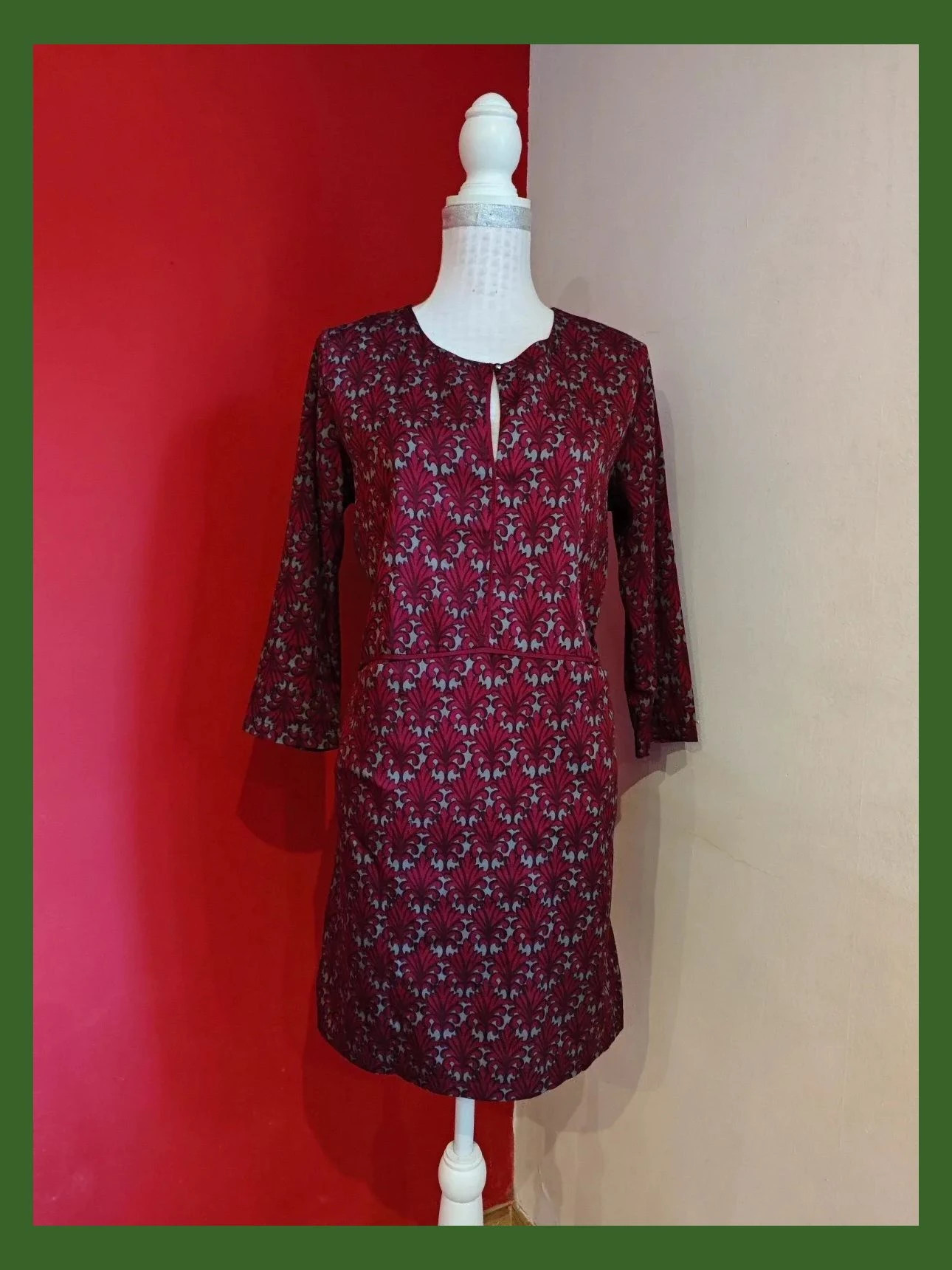 🌺 Vestido fluido estampado granate y gris – Sfera – taille XL / 42 / 14