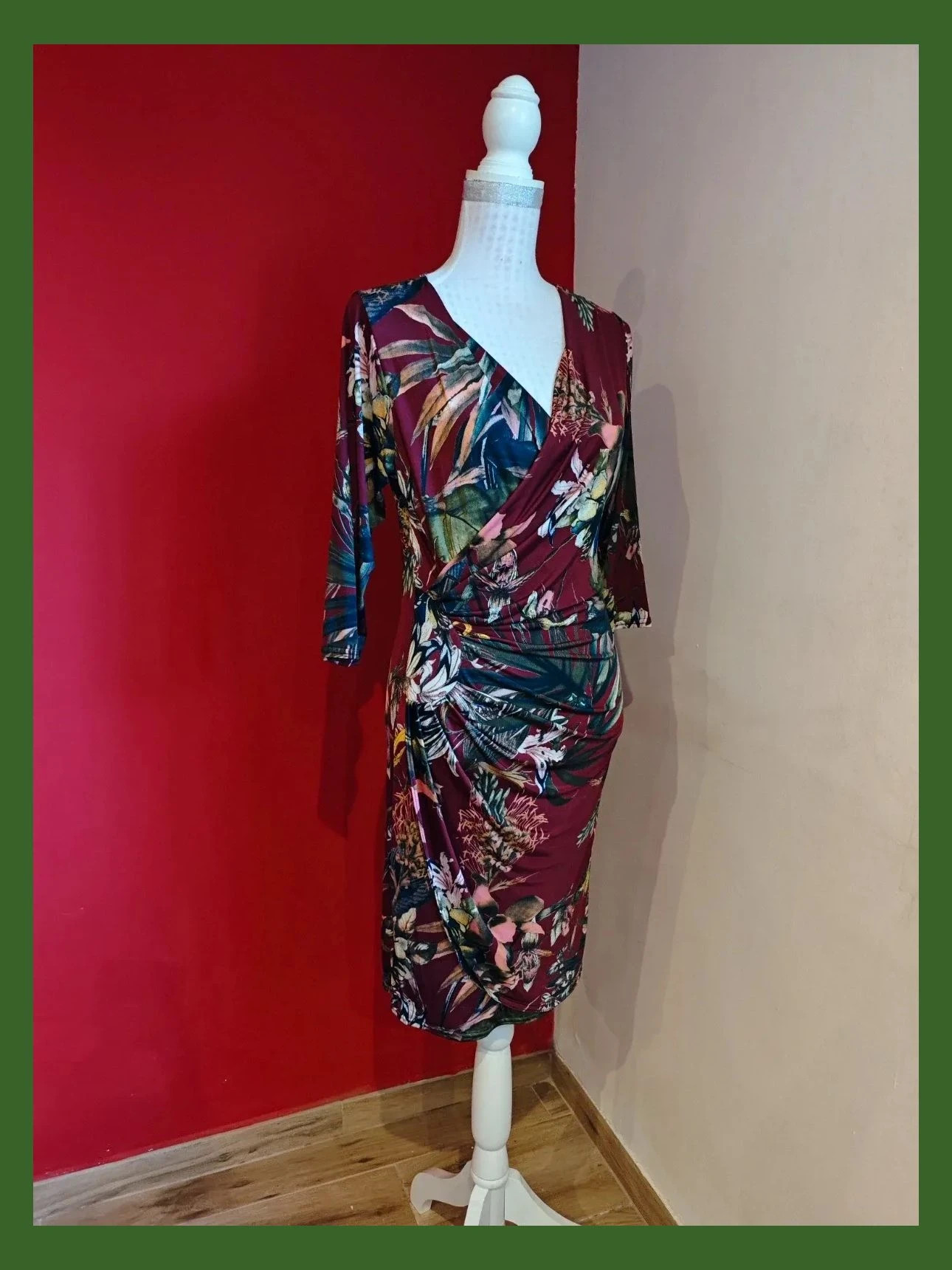 🌺 Vestido granate con estampado tonos otoñales, cruzado delante – Vintage Boutique – taille M / 38 / 10 2