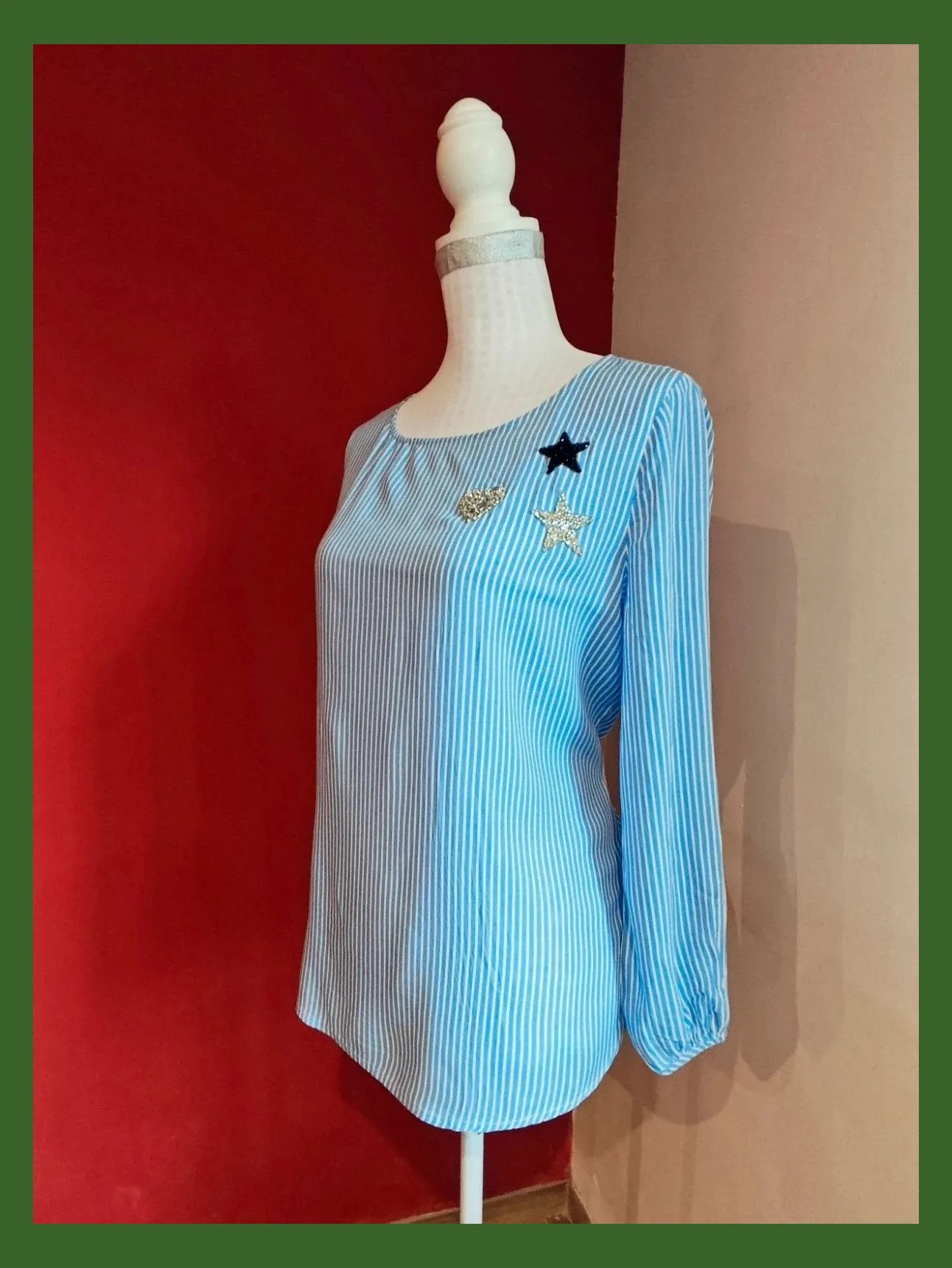 🌺 Bonita blusa de tela fina y suave con rayas azul y blanco, con aplicaciones brillantes – Springfield – taille XL / 42 / 14 2