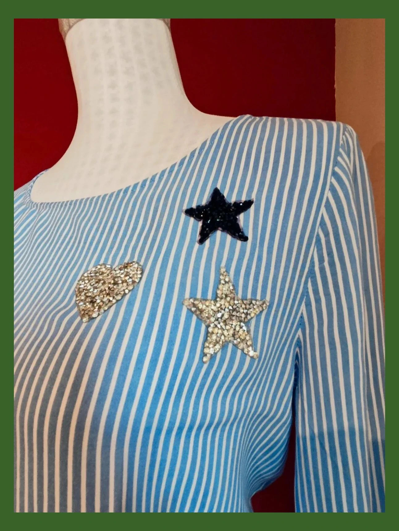 🌺 Bonita blusa de tela fina y suave con rayas azul y blanco, con aplicaciones brillantes – Springfield – taille XL / 42 / 14 3