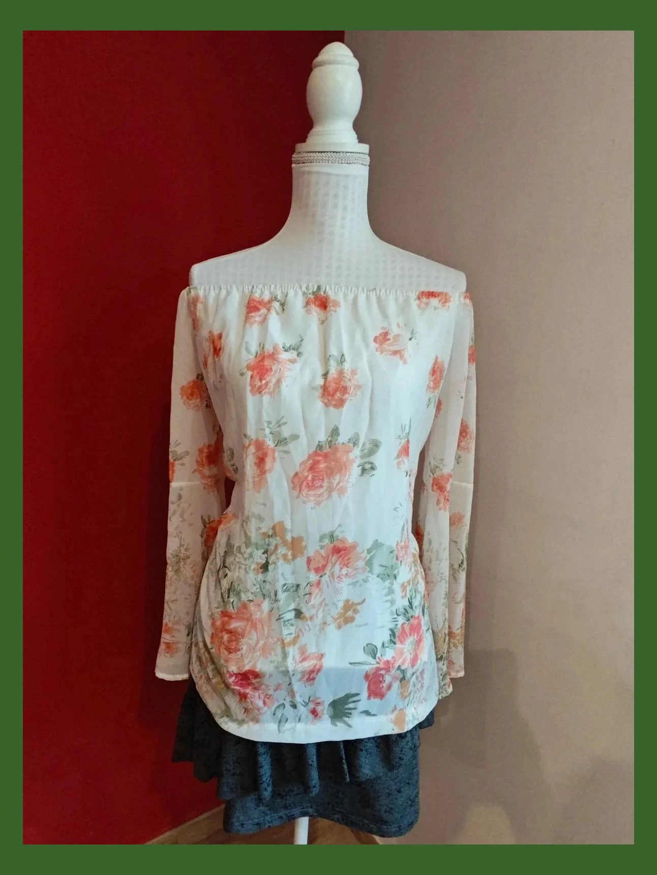 🌺 Preciosa blusa de gasa blanca con estampado floral y escote elástico – taille XL / 42 / 14 3