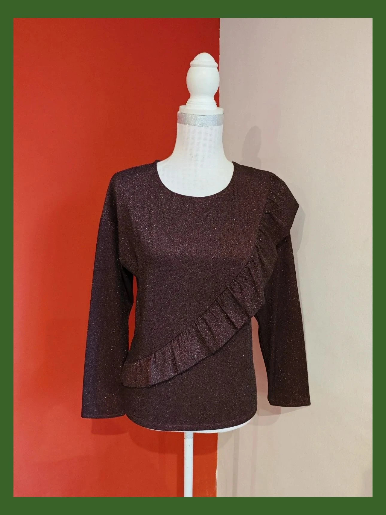 🌺 Bonito jersey morado de punto fino lurex con volante cruzado delante – Promod – taille XL / 42 / 14