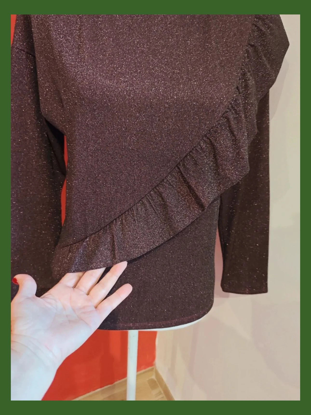 🌺 Bonito jersey morado de punto fino lurex con volante cruzado delante – Promod – taille XL / 42 / 14 5