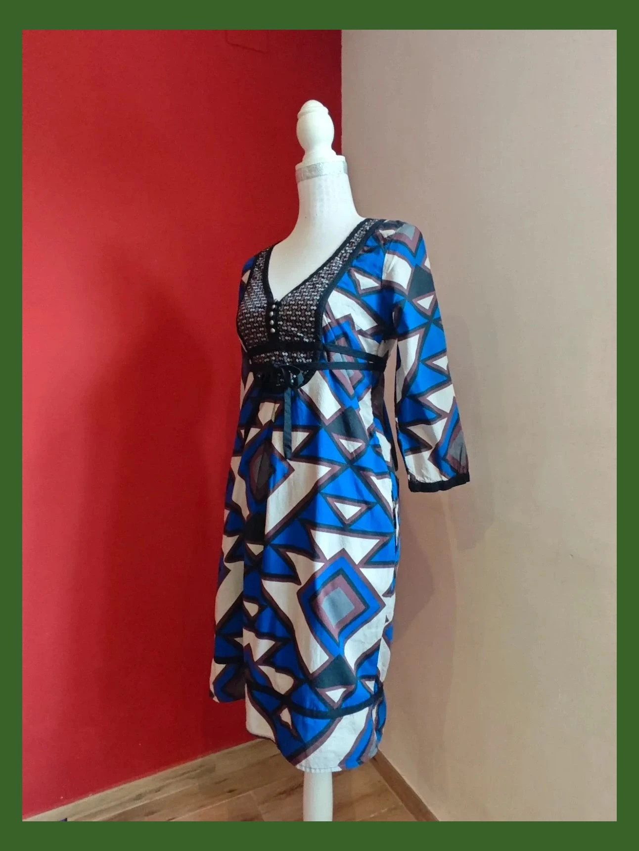 🌺 Vestido de algodón estampado geométrico tonos azul, beige, morado y negro – CNB – taille L / 40 / 12 2