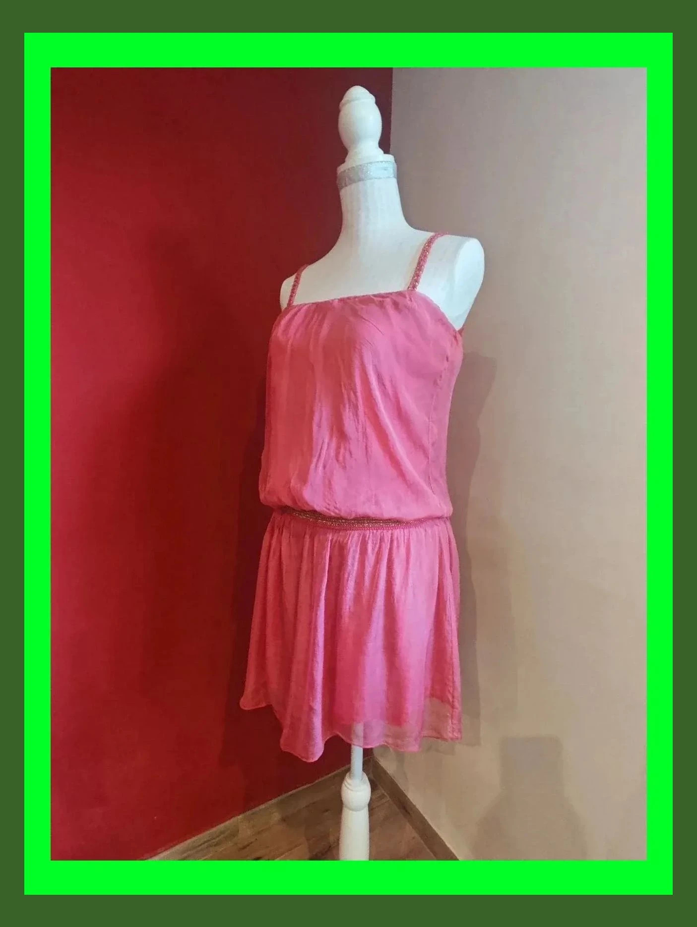 🌺 Bonito vestido de seda y ramio tono coral con cintura elástica y tirantes trenzados – Vintage Dressing – taille XL / 42 / 14 2