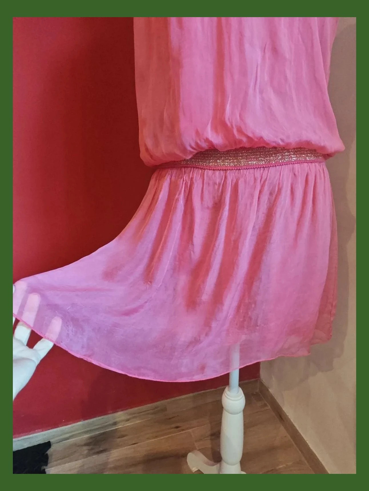 🌺 Bonito vestido de seda y ramio tono coral con cintura elástica y tirantes trenzados – Vintage Dressing – taille XL / 42 / 14 3