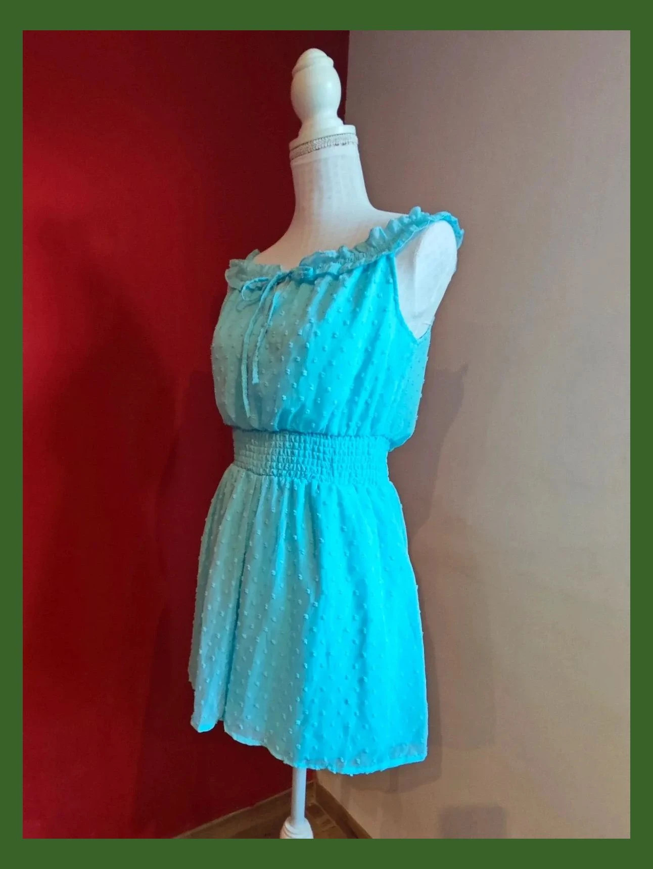 🌺 Espectacular mono corto de tela plumeti azul claro con volante en escote y tirantes – FB Sister – taille M / 38 / 10 2