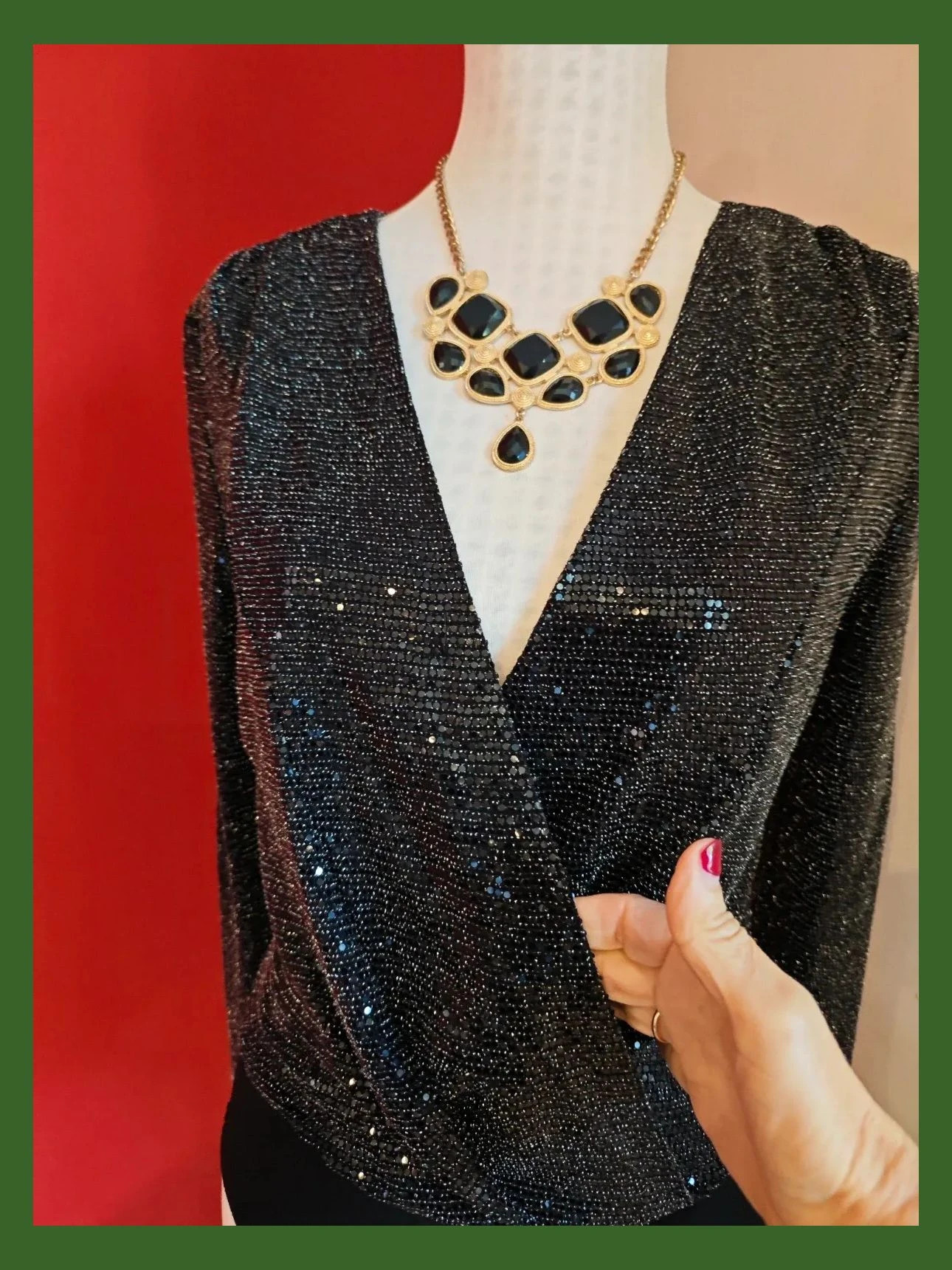 🌺 Precioso y elegante body negro brillante con micro lentejuelas – Green Coast – taille M / 38 / 10 4