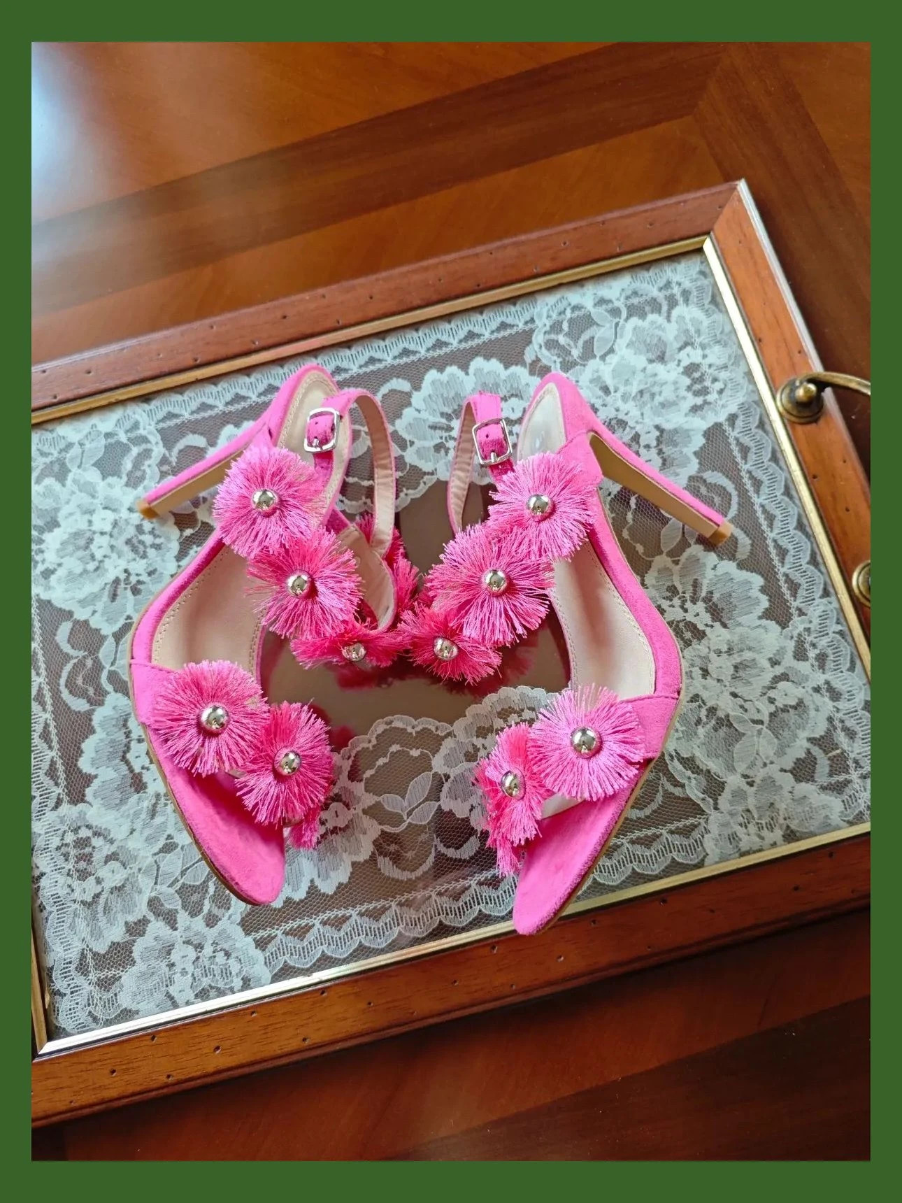 🌺Divinas sandalias de antelina fucsia con pompones y bola plateada, número 38 – Festissimo – taille 38 2