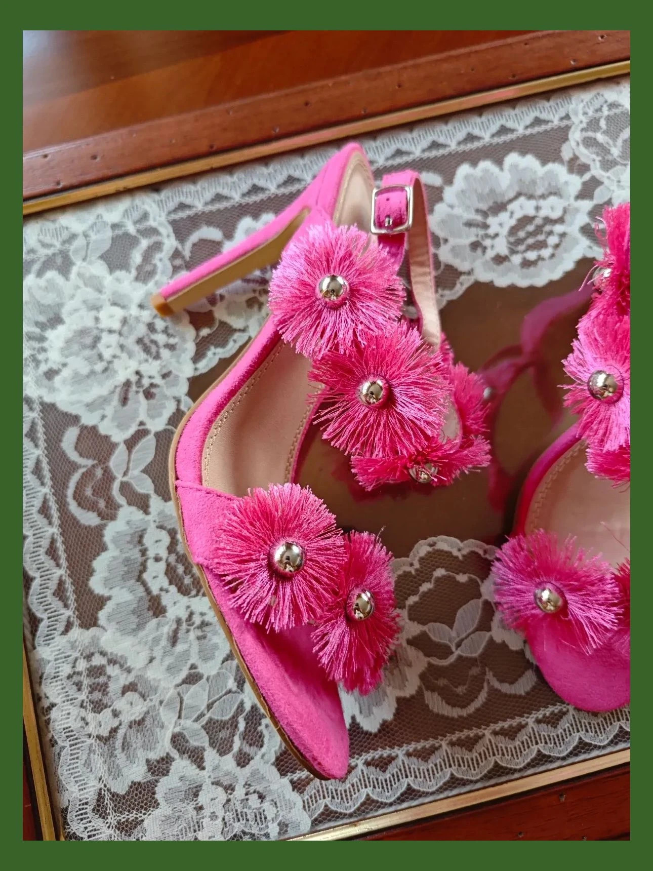 🌺Divinas sandalias de antelina fucsia con pompones y bola plateada, número 38 – Festissimo – taille 38 3