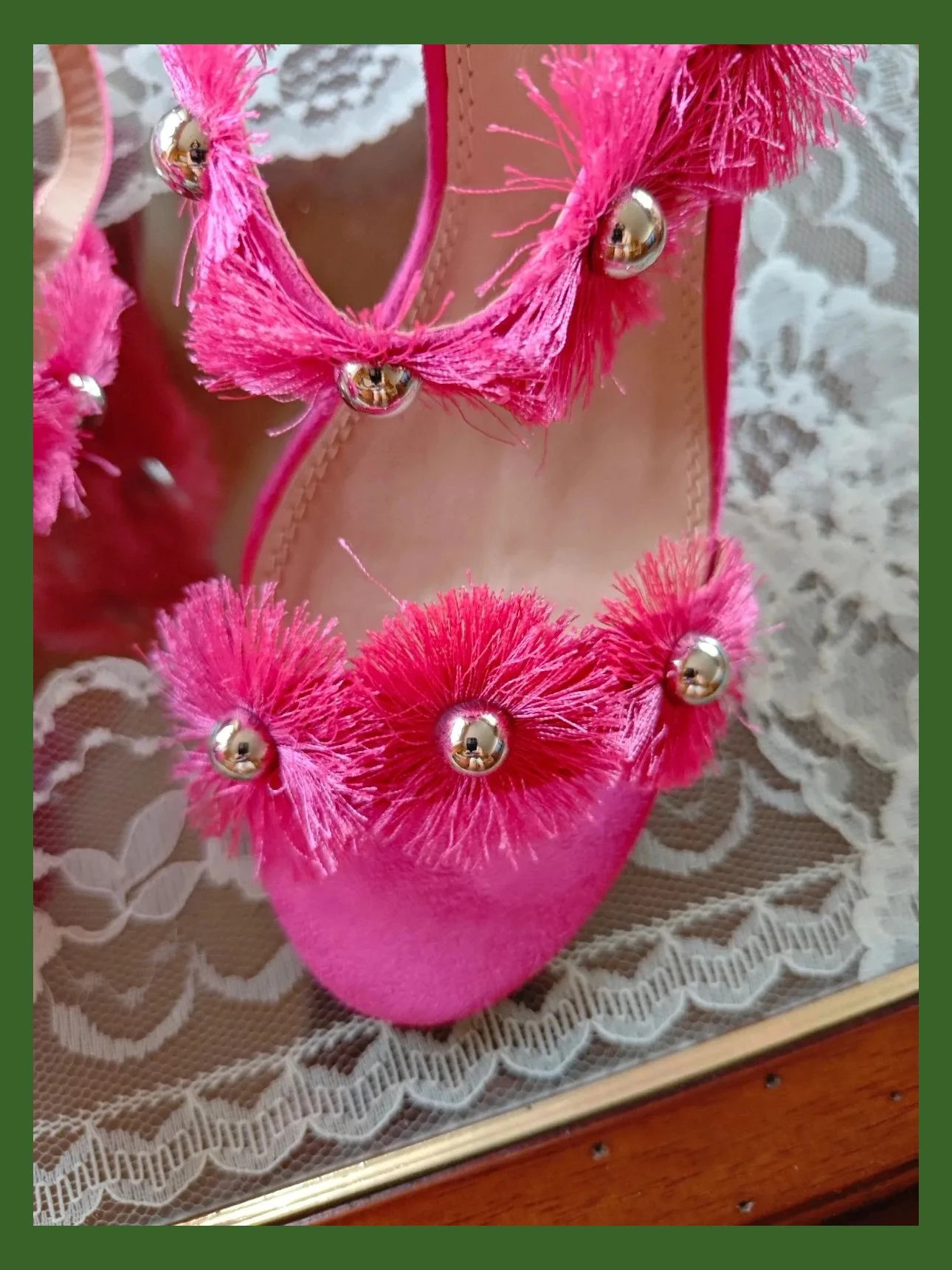 🌺Divinas sandalias de antelina fucsia con pompones y bola plateada, número 38 – Festissimo – taille 38 4