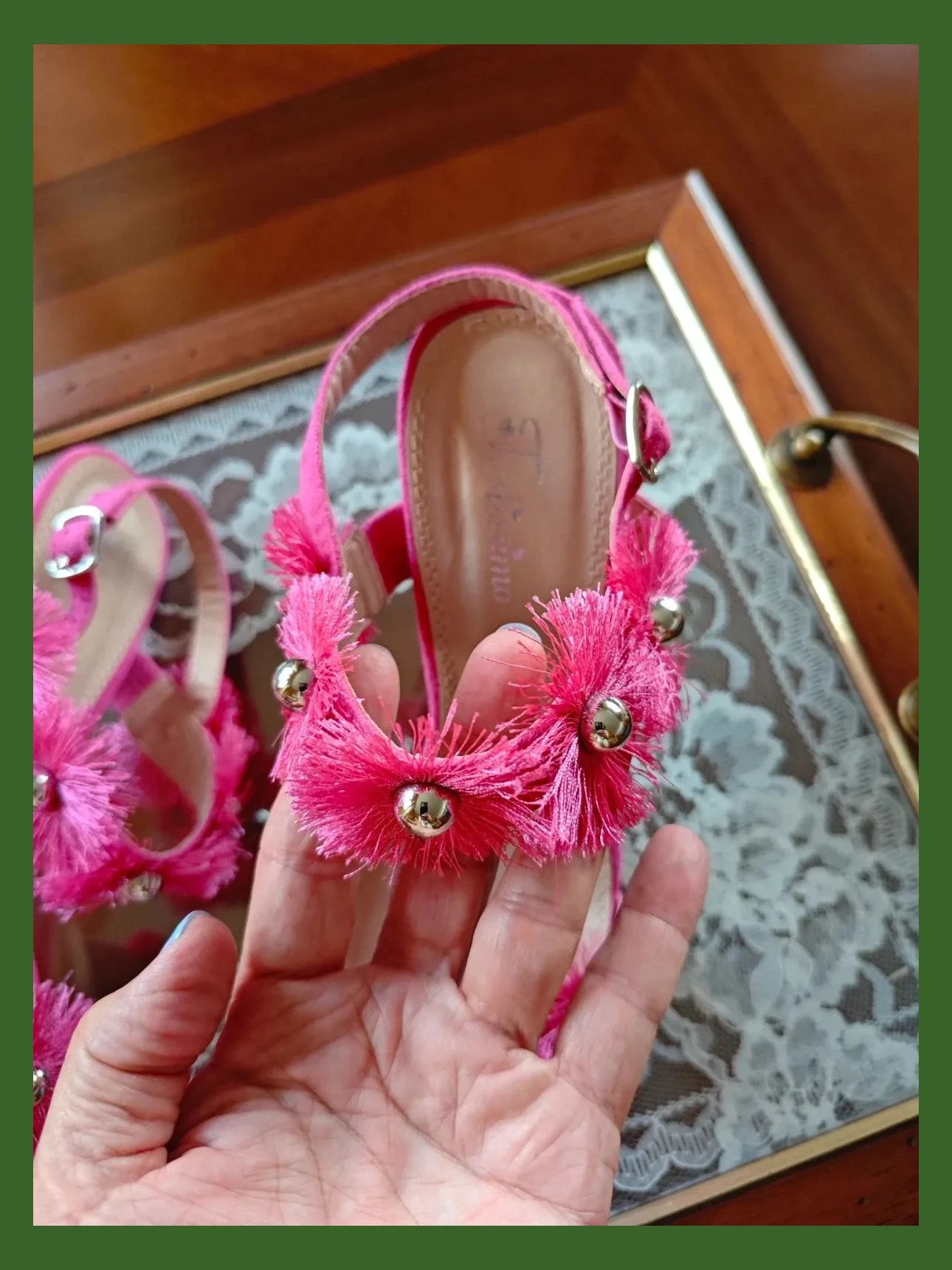 🌺Divinas sandalias de antelina fucsia con pompones y bola plateada, número 38 – Festissimo – taille 38 5
