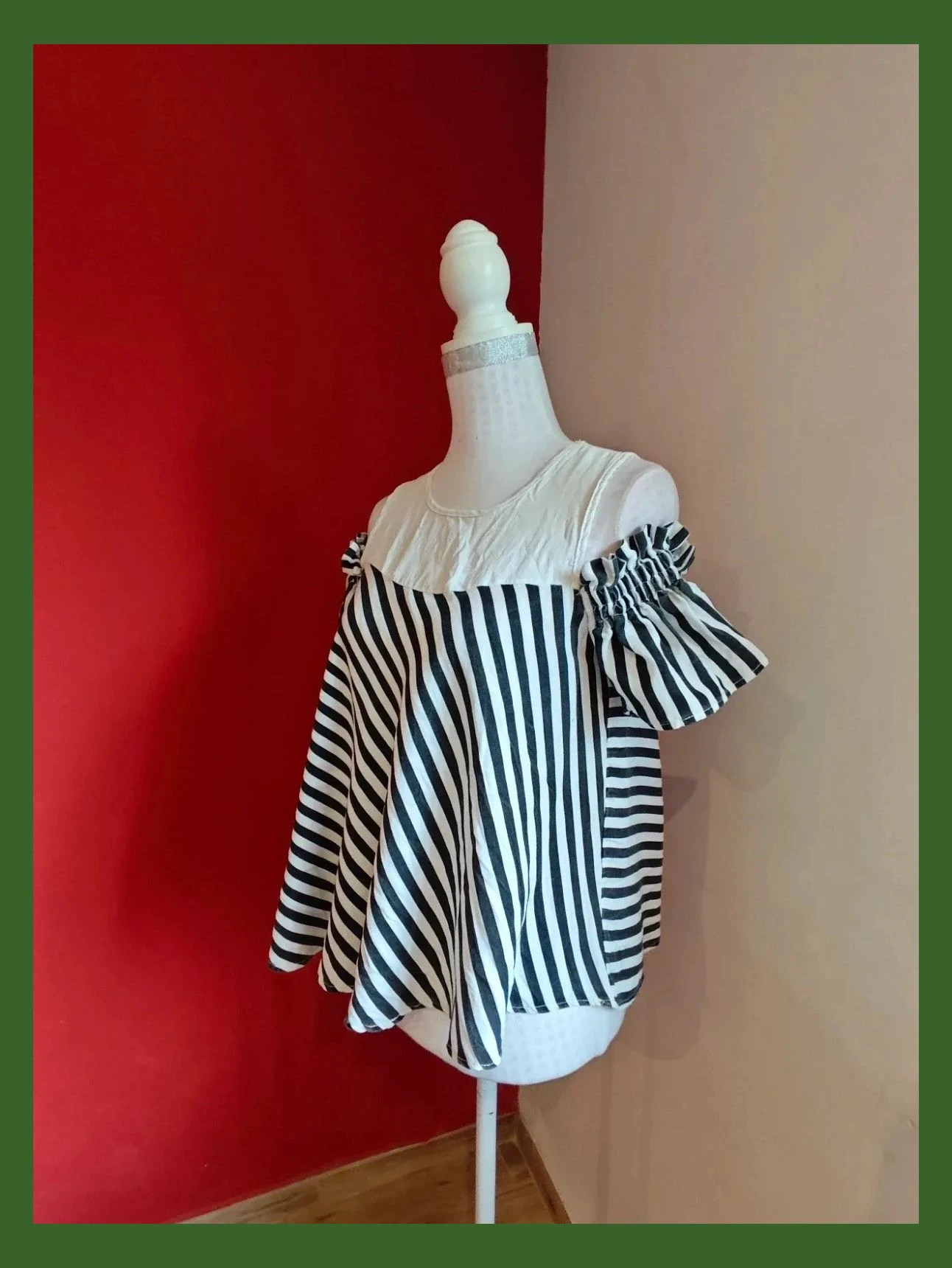 🌺Blusa de algodón con rayas blancas y negra en diagonal con mangas caídas – Vintage Dressing – taille XL / 42 / 14 2