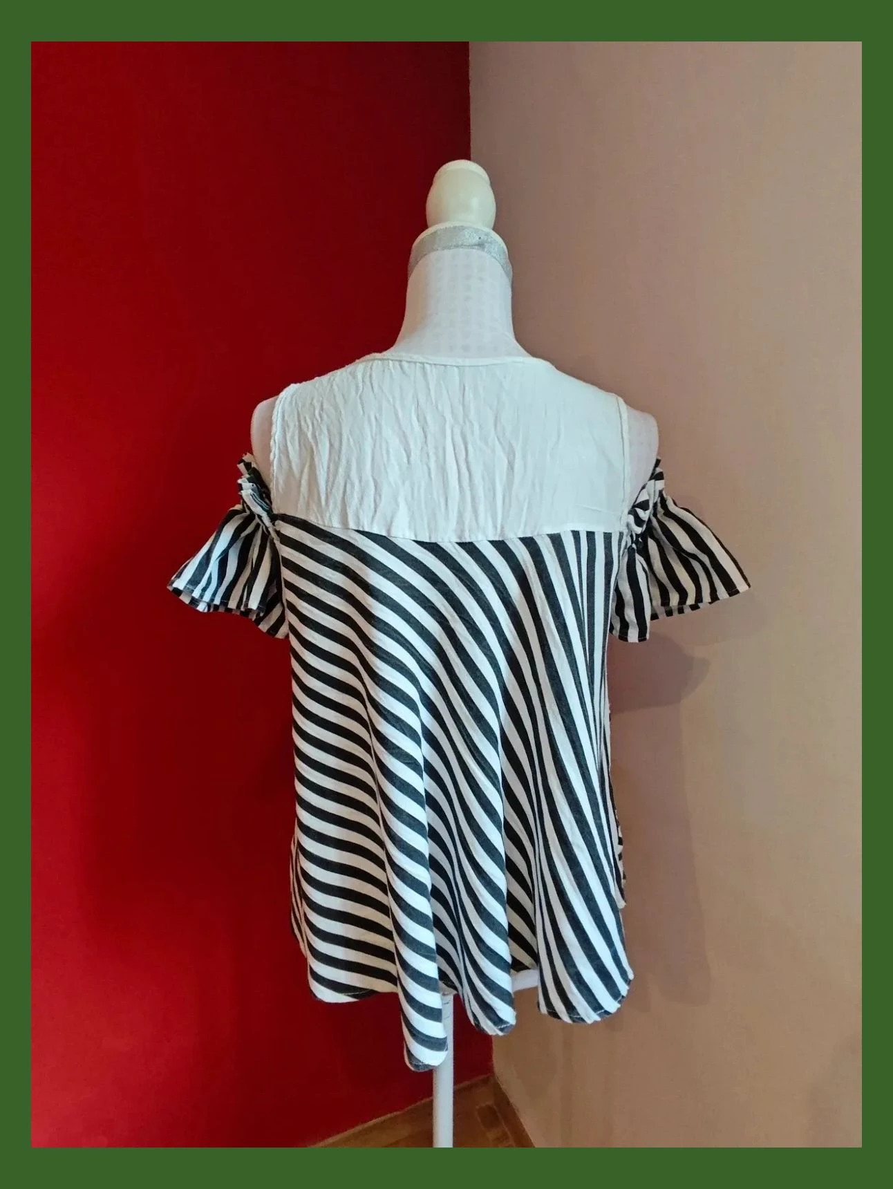 🌺Blusa de algodón con rayas blancas y negra en diagonal con mangas caídas – Vintage Dressing – taille XL / 42 / 14 4