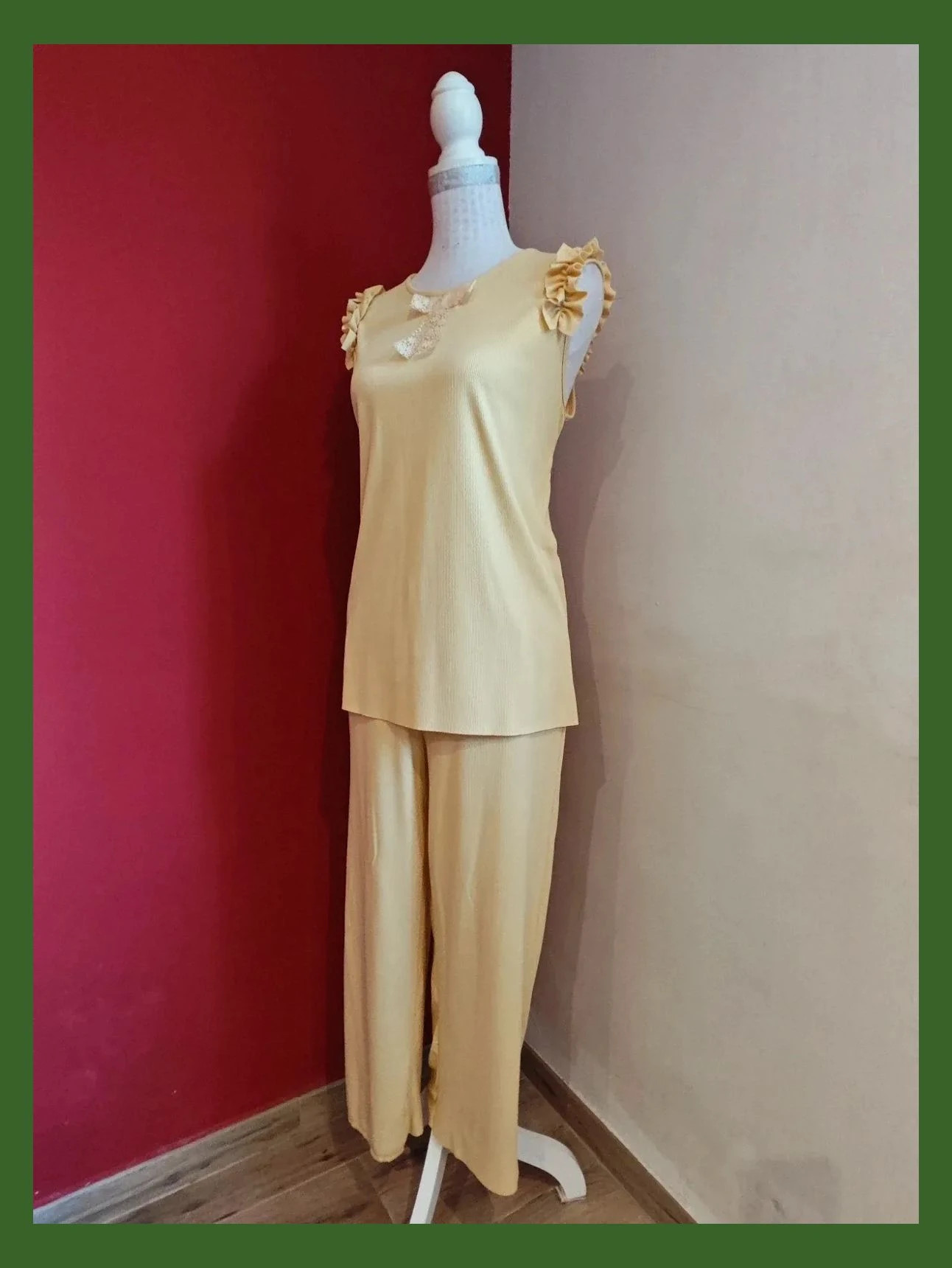 🌺 Estiloso conjunto de top y pantalón de punto fino amarillo suave – Elisa – taille XL / 42 / 14 2