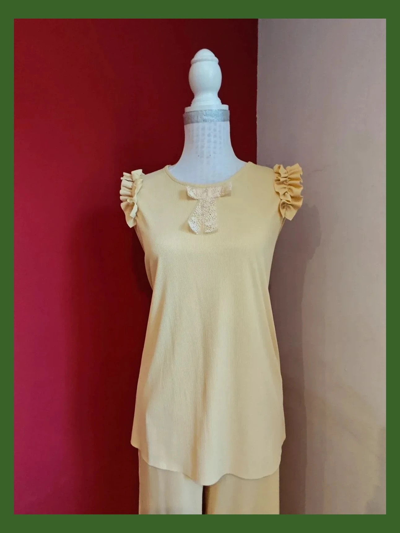 🌺 Estiloso conjunto de top y pantalón de punto fino amarillo suave – Elisa – taille XL / 42 / 14 3