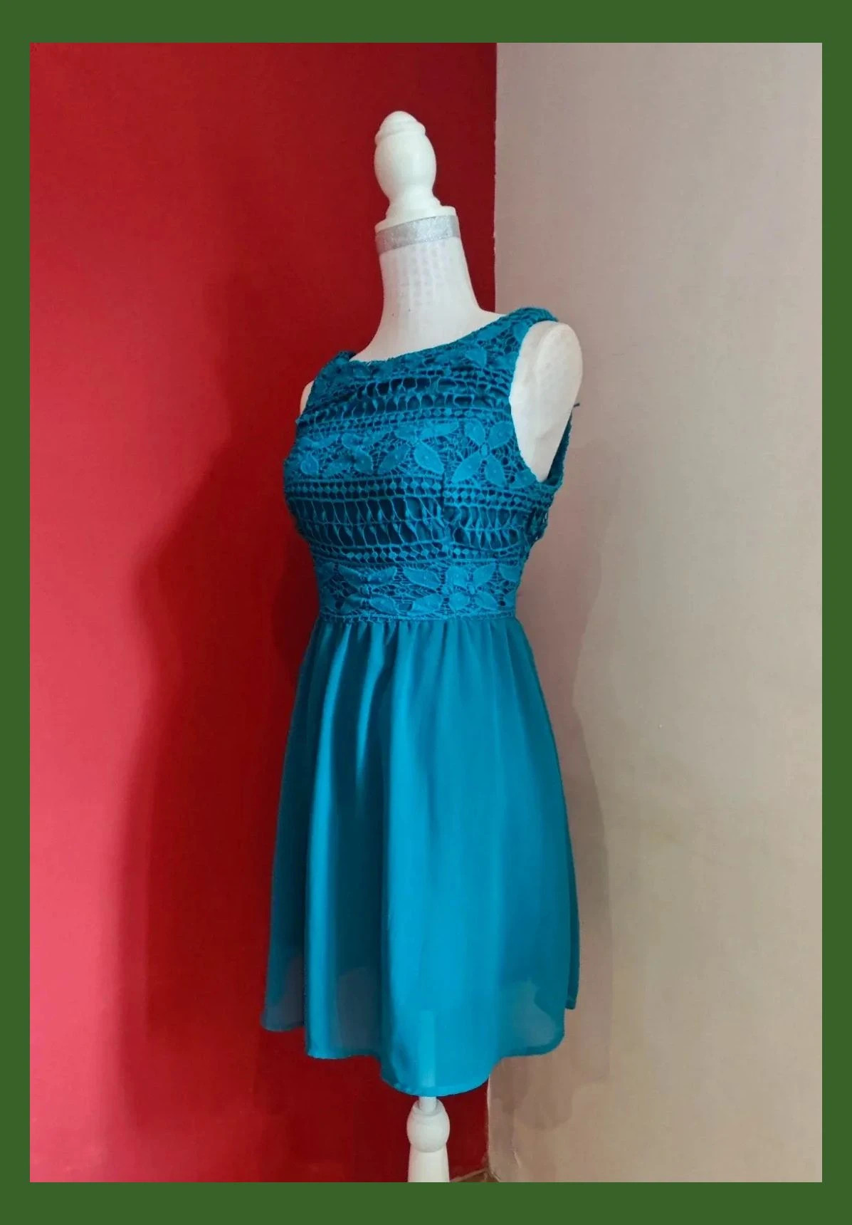 🌺Vestido de algodón tono aguamarina con la parte superior de crochet y falda de gasa con vuelo – SuiteBlanco – taille L / 40 / 12 2