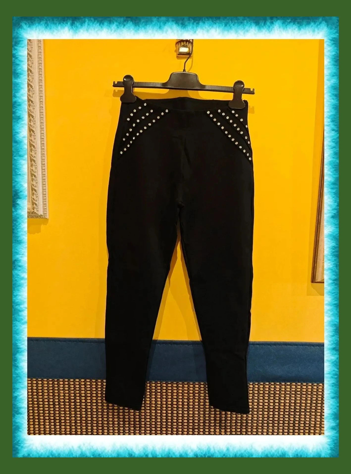 🌺 Cómodos y bonitos leggins de punto negro con brillantes en la parte delantera de la cintura – taille M / 38 / 10 2