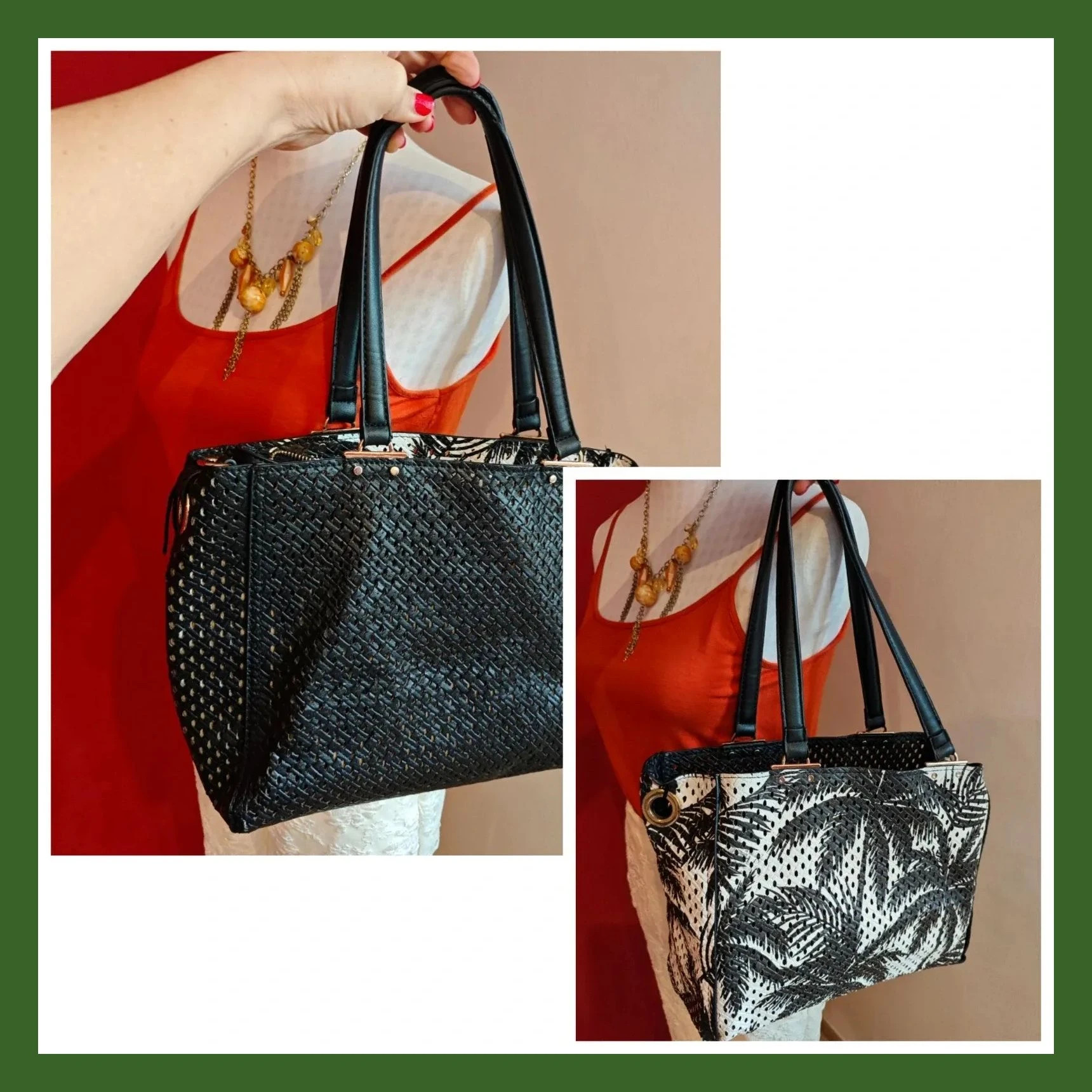 🌺 Práctico bolso reversible negro y blanco con palmeras, con bolsito interior extraíble