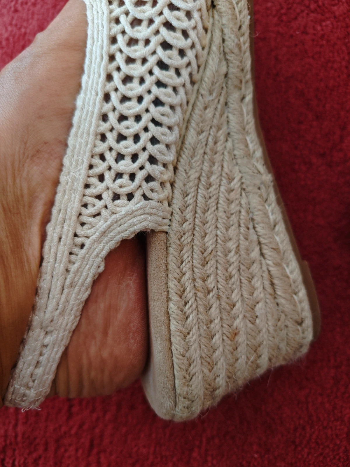 🌺Zapatillas con cuña de tejido trenzado tipo crochet, en tono natural/beige – HF Shoes – taille 38 5